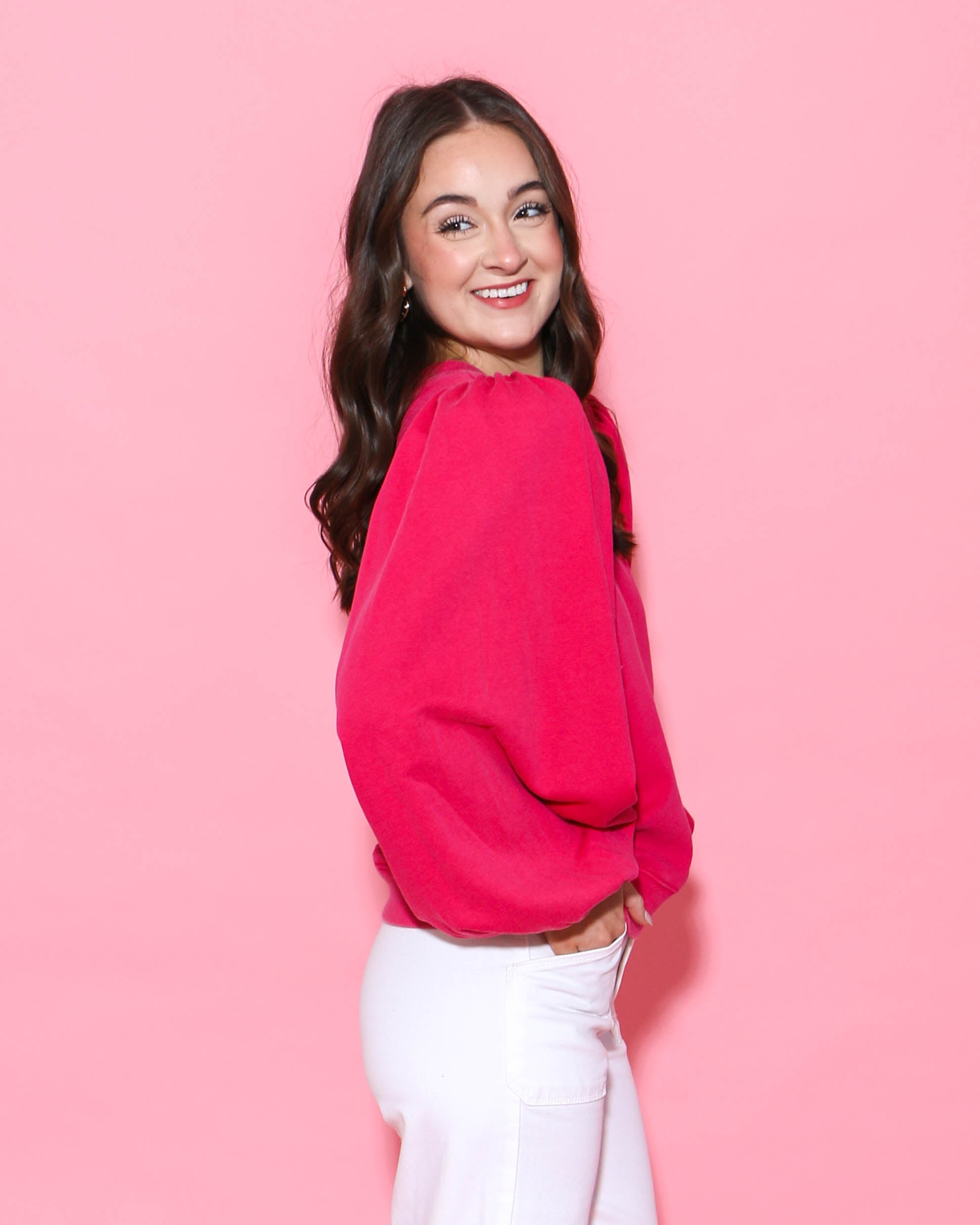 Puff Long Sleeve Sweatshirt Top in Pink