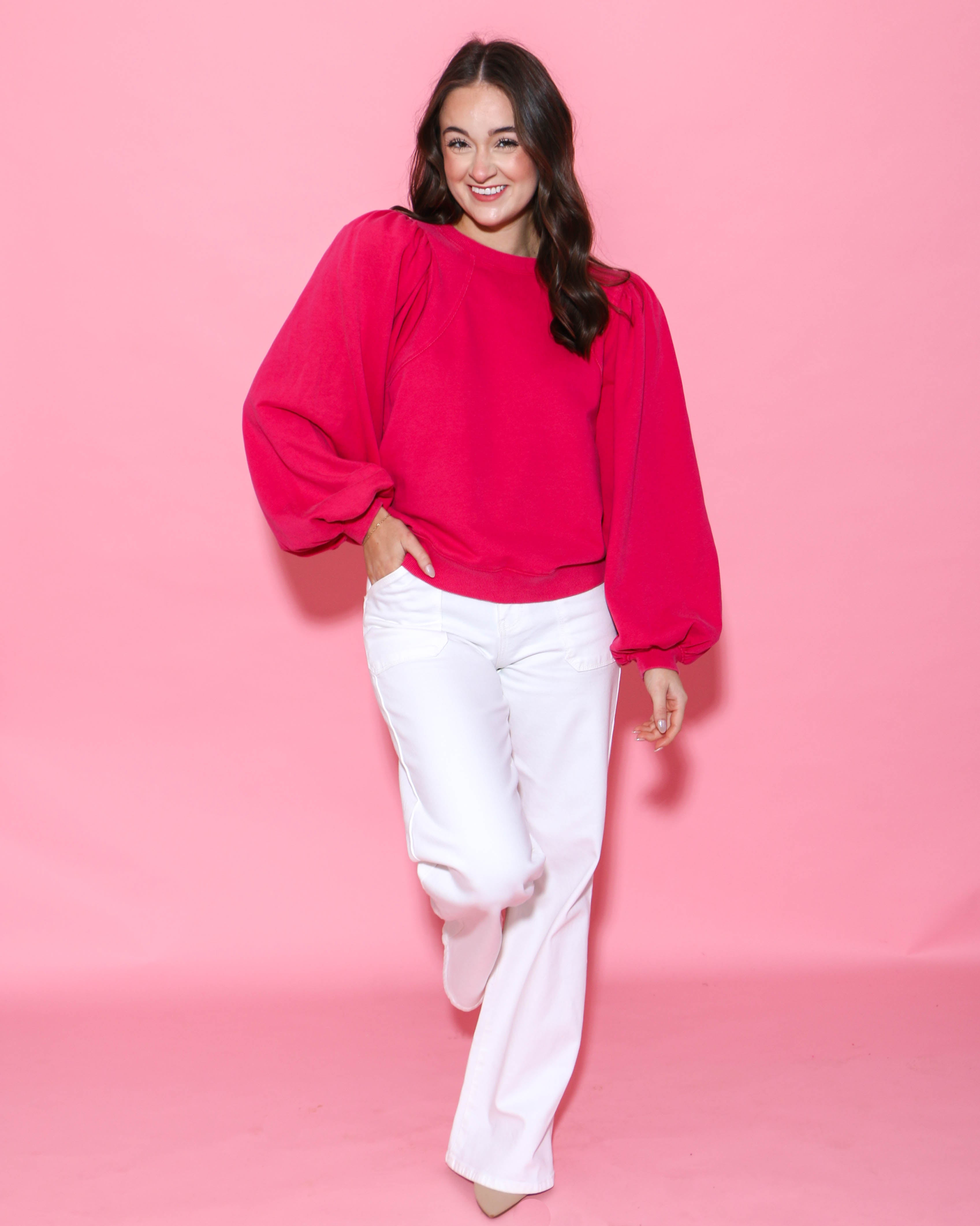 Puff Long Sleeve Sweatshirt Top in Pink