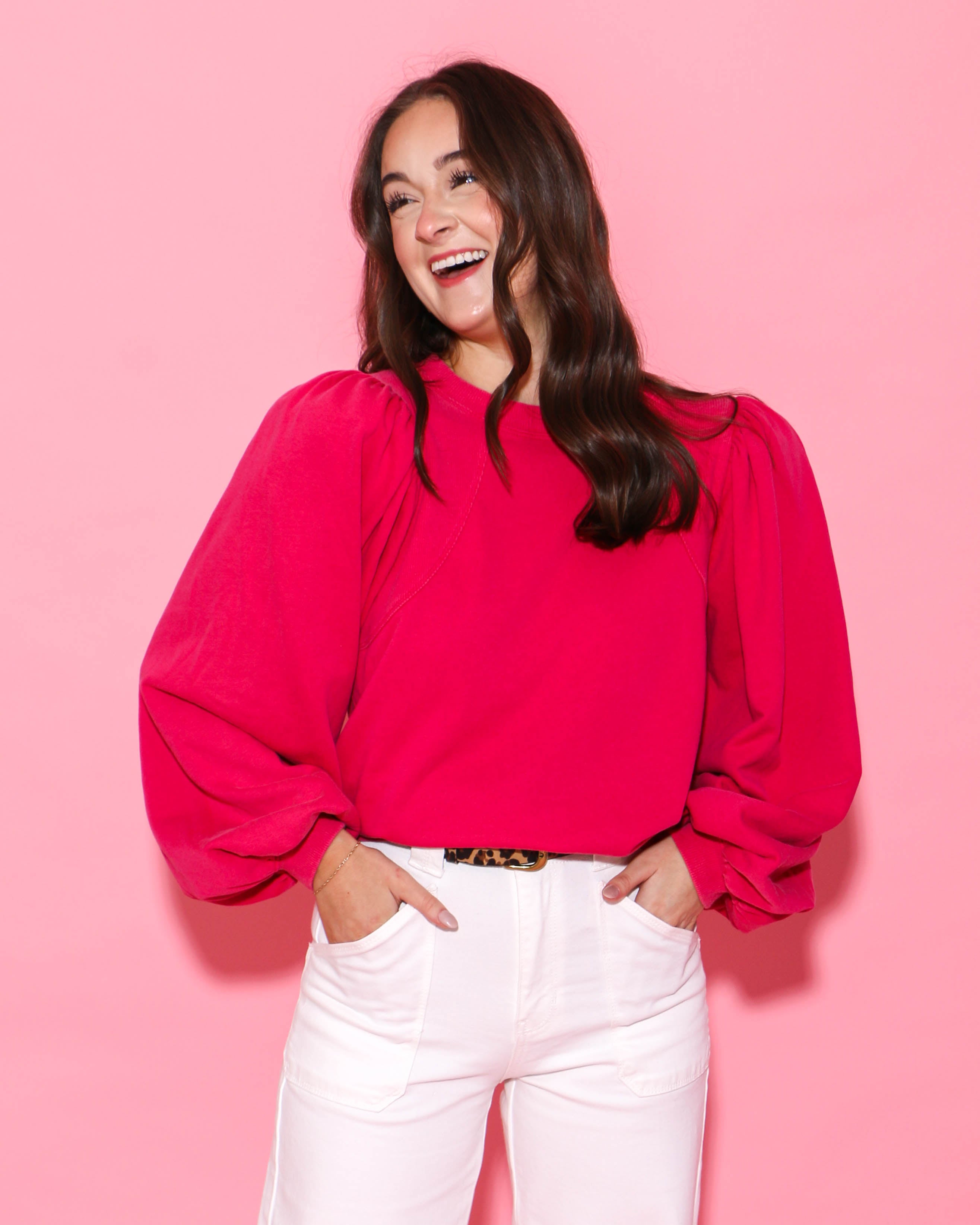 Puff Long Sleeve Sweatshirt Top in Pink