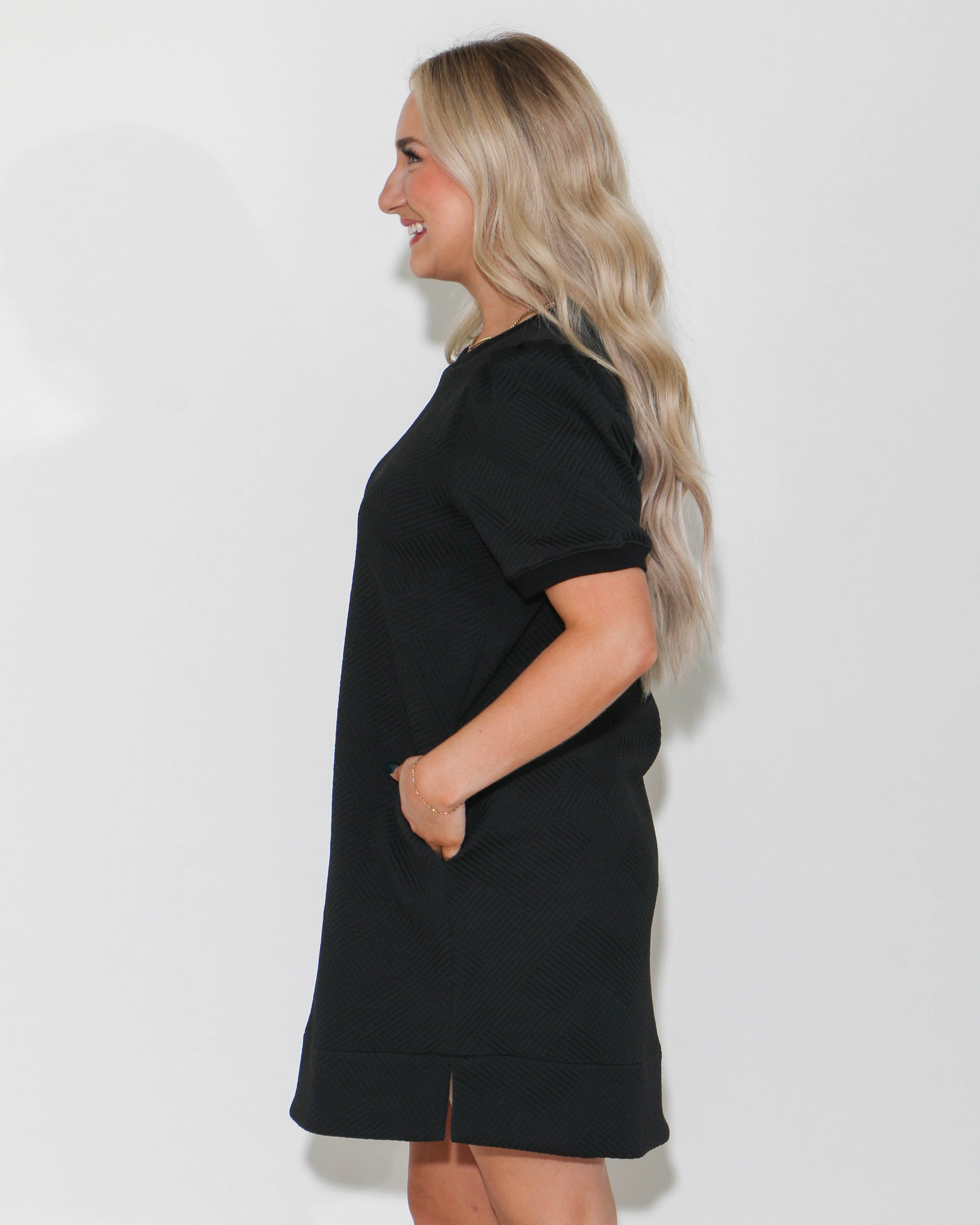 Black Textured Puff Sleeve Dress