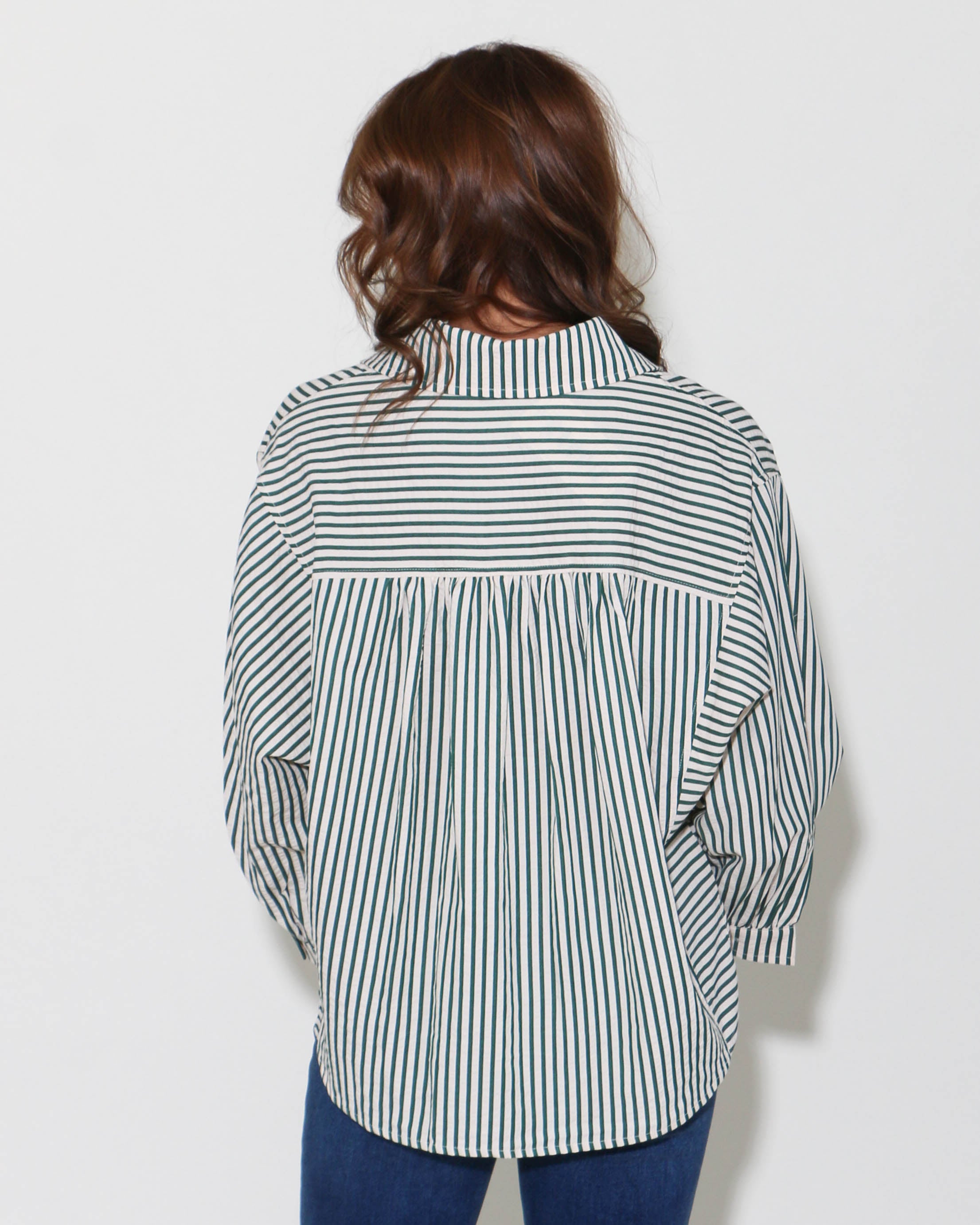 Stripe Print 3/4 Sleeve Button Down Collared Top in Green