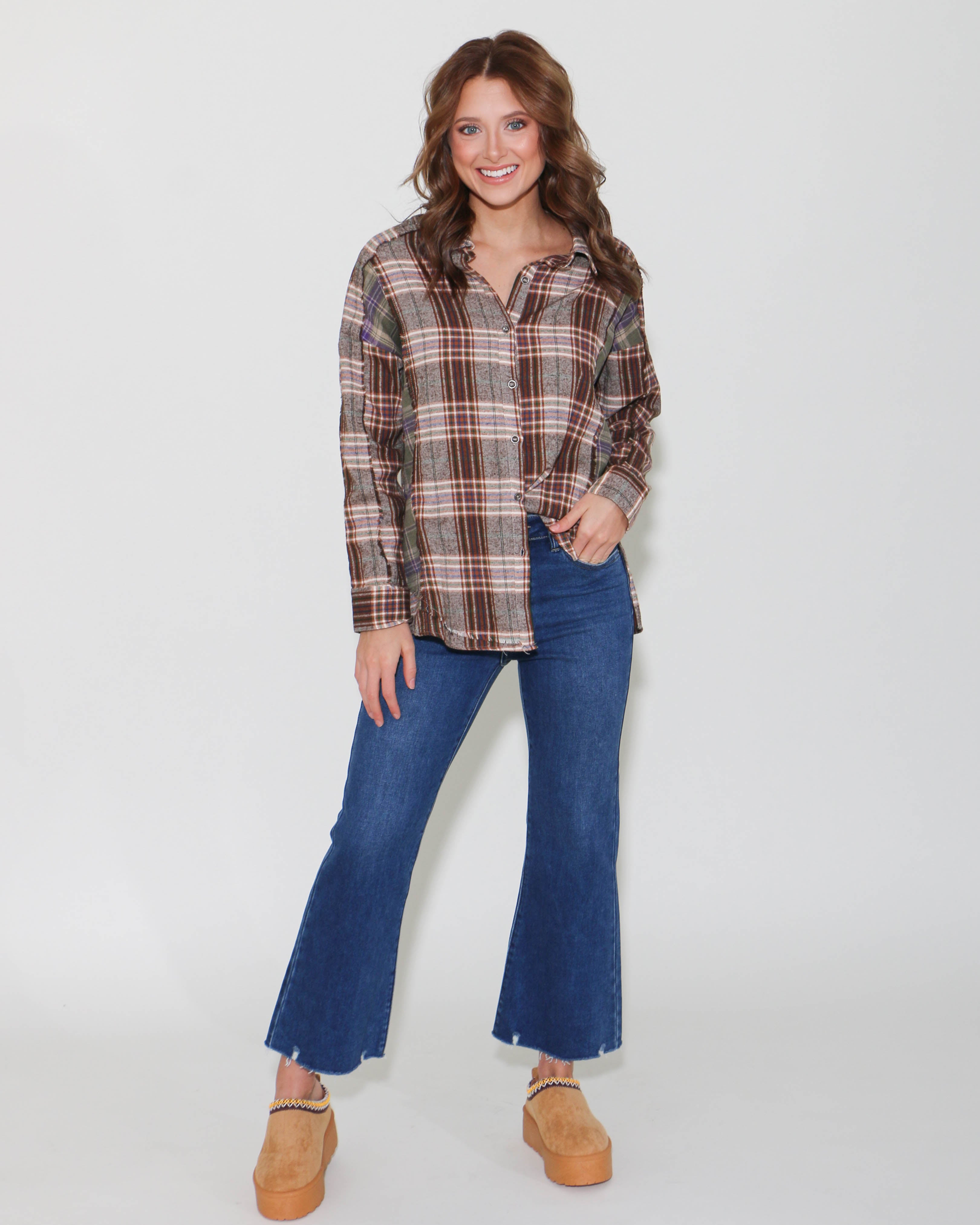 Contrast Plaid Detail Casual Shirt Top