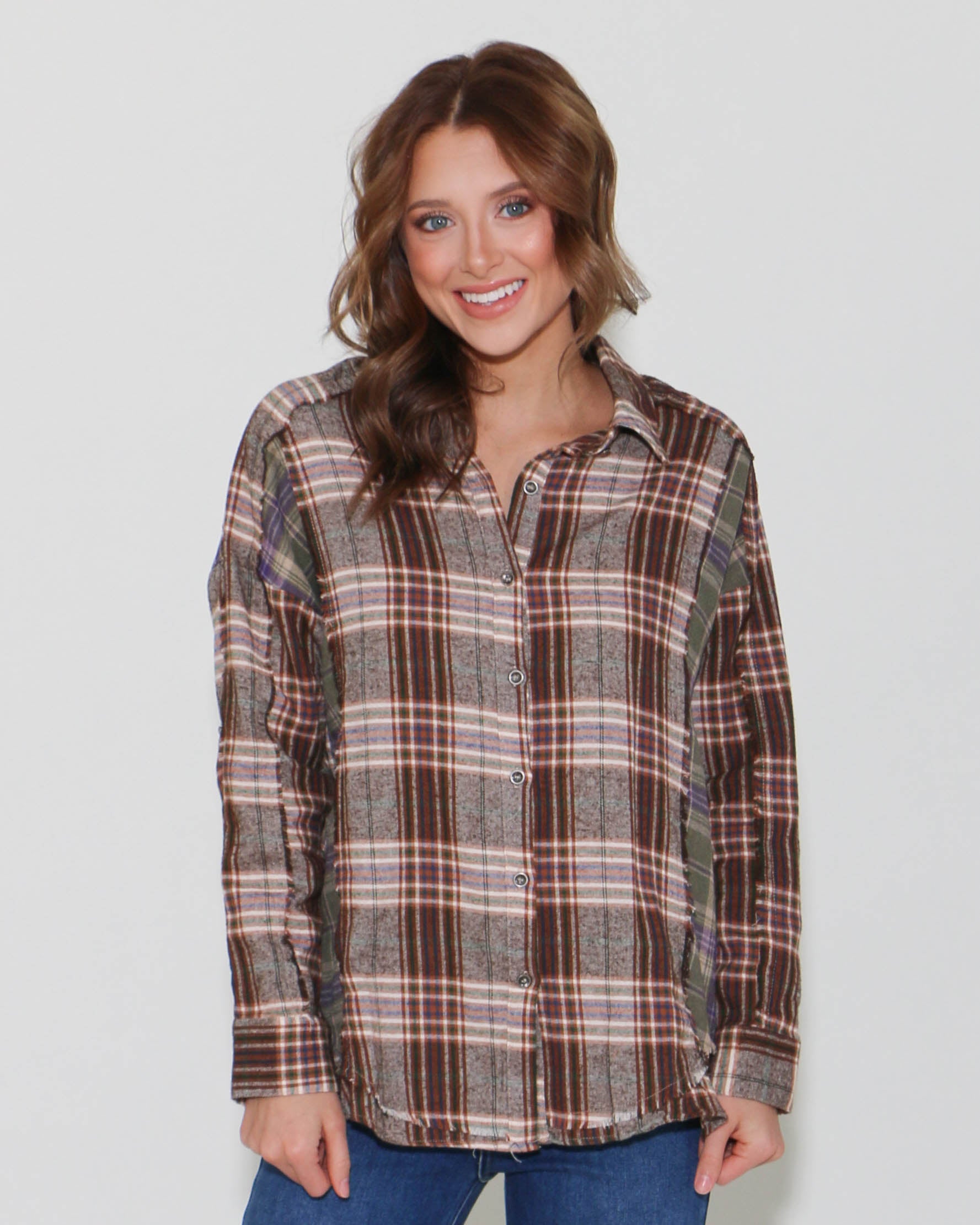 Contrast Plaid Detail Casual Shirt Top