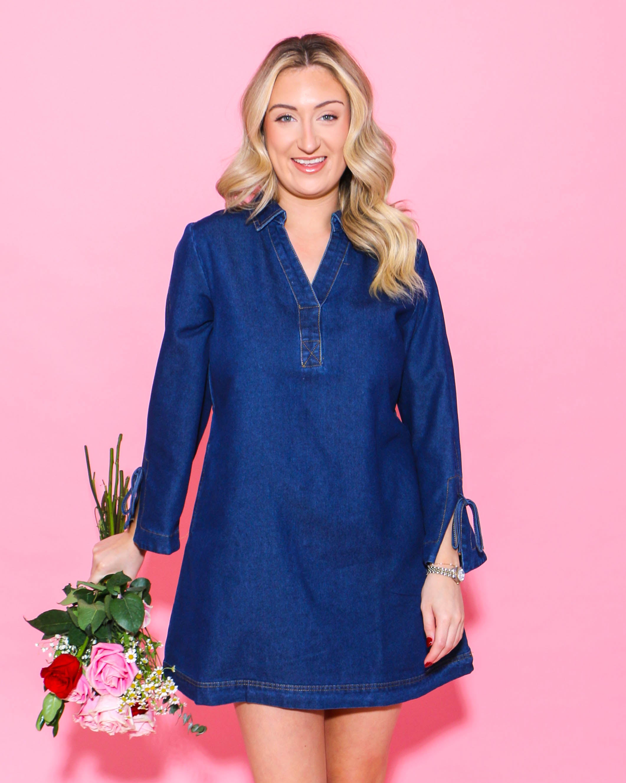 Denim Long Sleeve Dress with Bow Detail