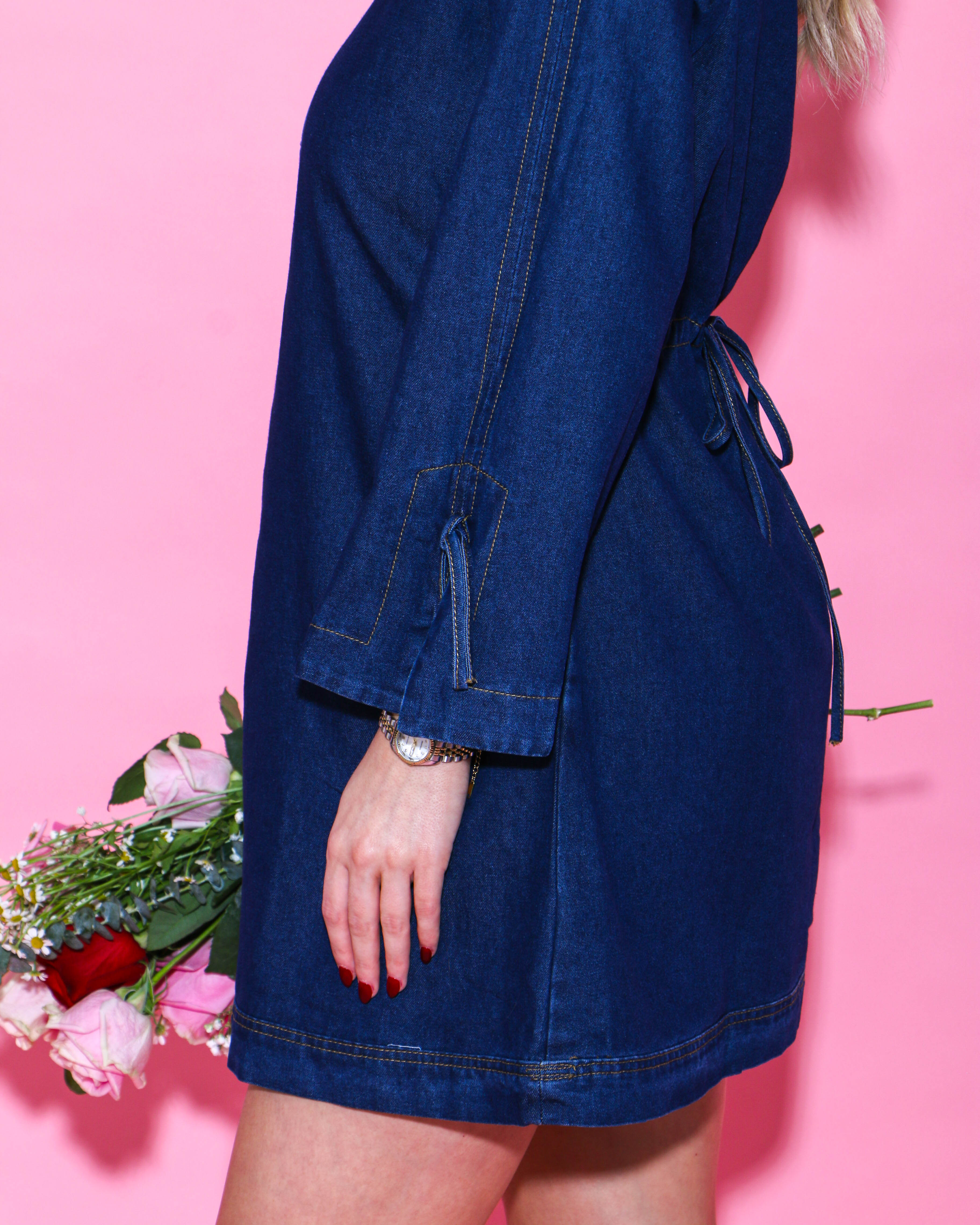 Denim Long Sleeve Dress with Bow Detail