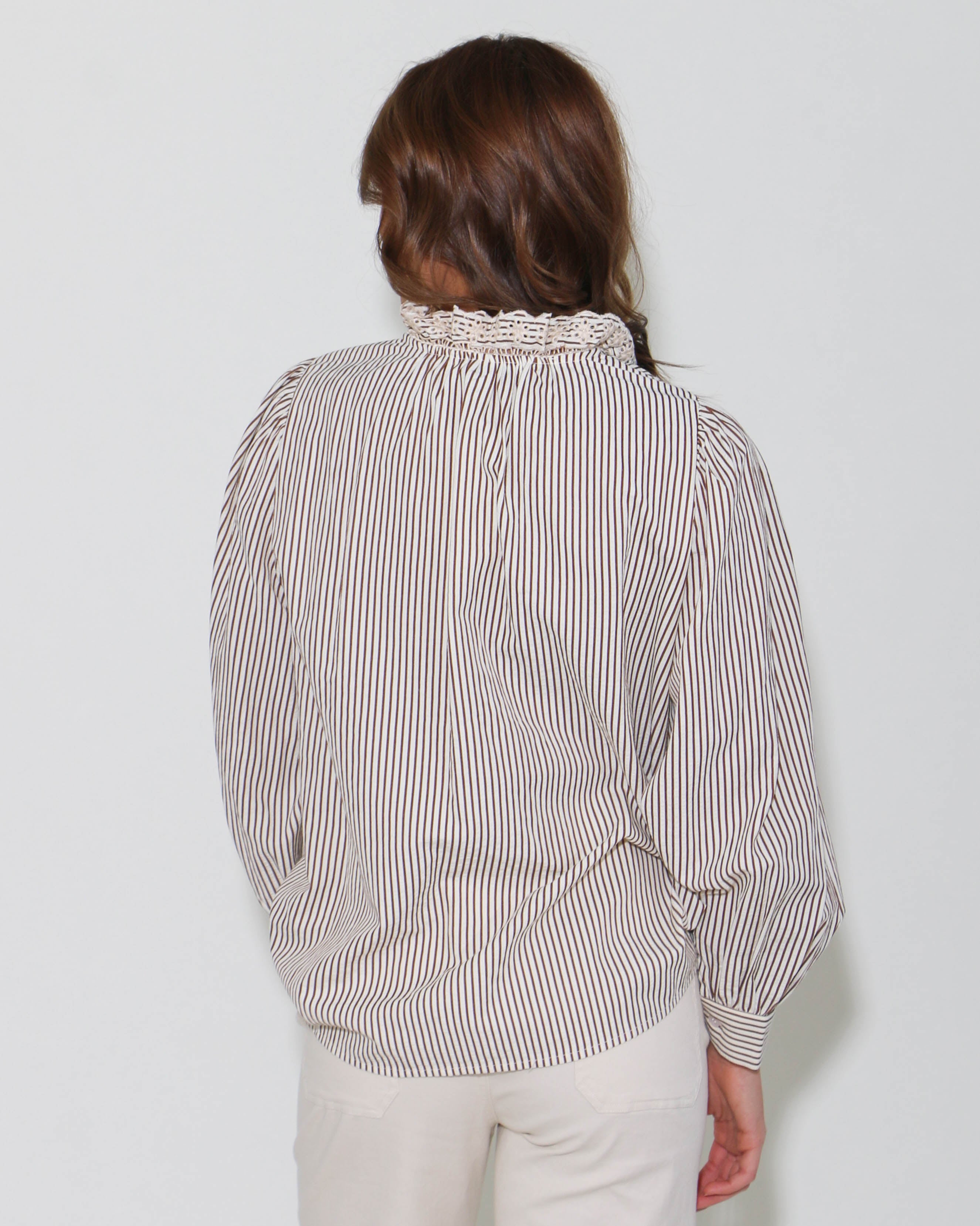 Brown Striped Button Down With Eyelet Trim Detail