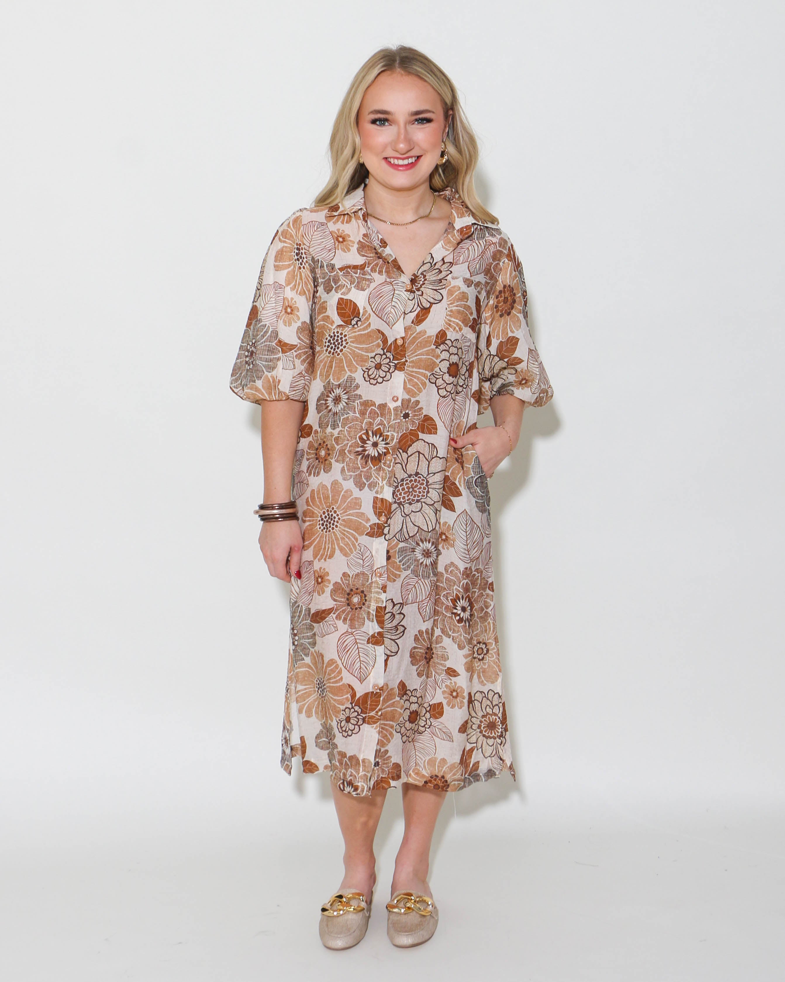 THML | Puff Sleeve Floral Dress in Cream