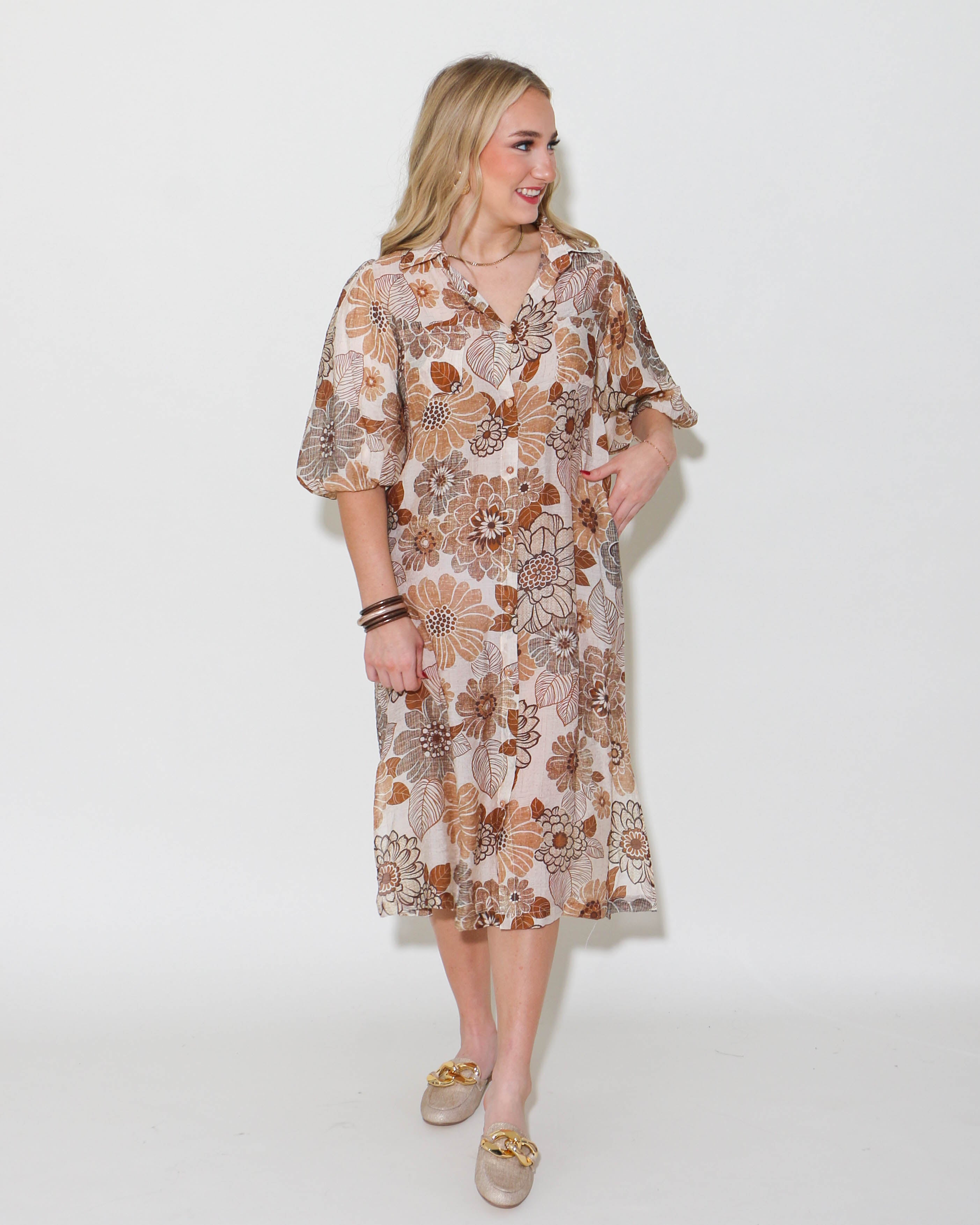 THML | Puff Sleeve Floral Dress in Cream