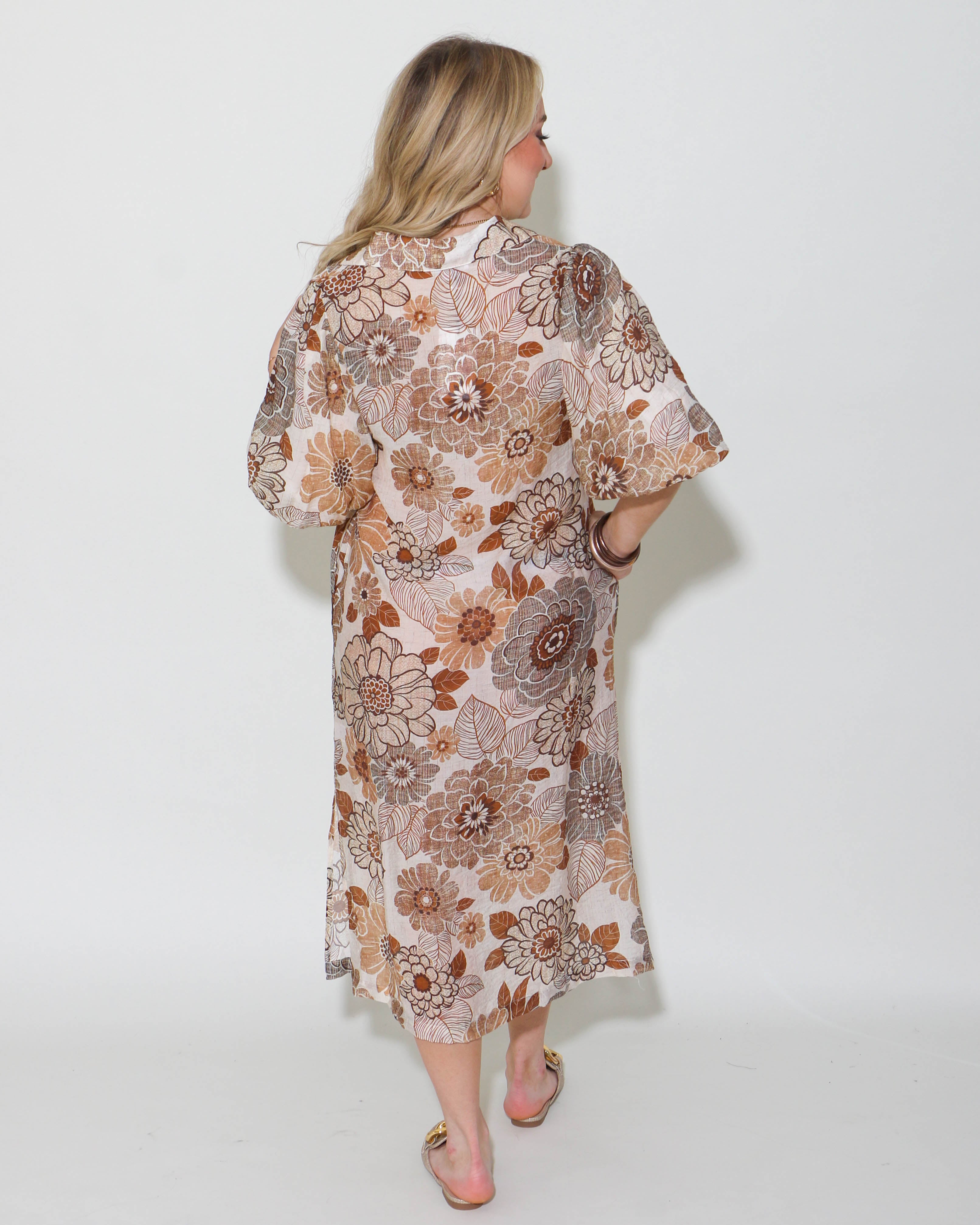 THML | Puff Sleeve Floral Dress in Cream