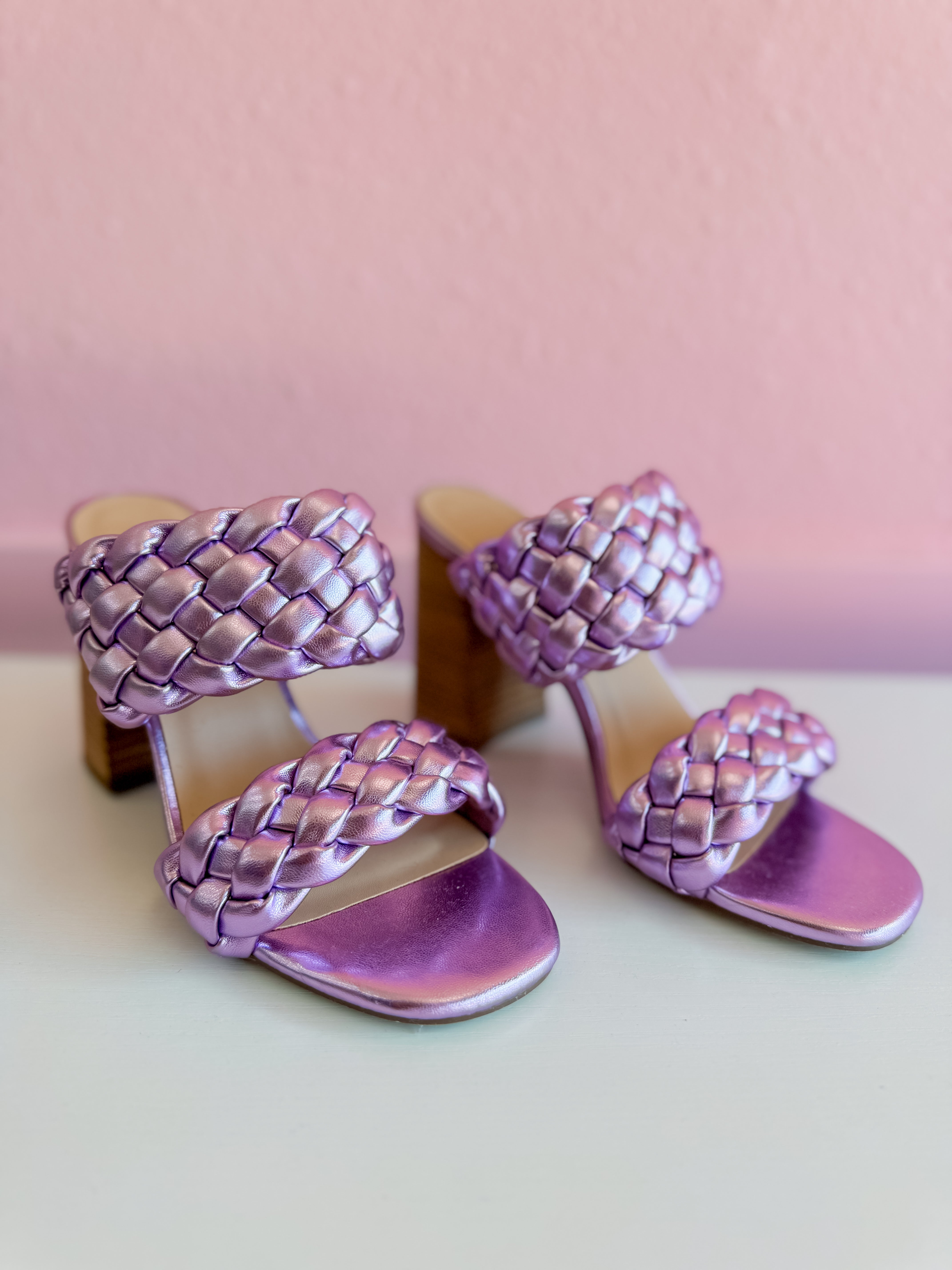 Heaven Braided Heels in Metallic Purple