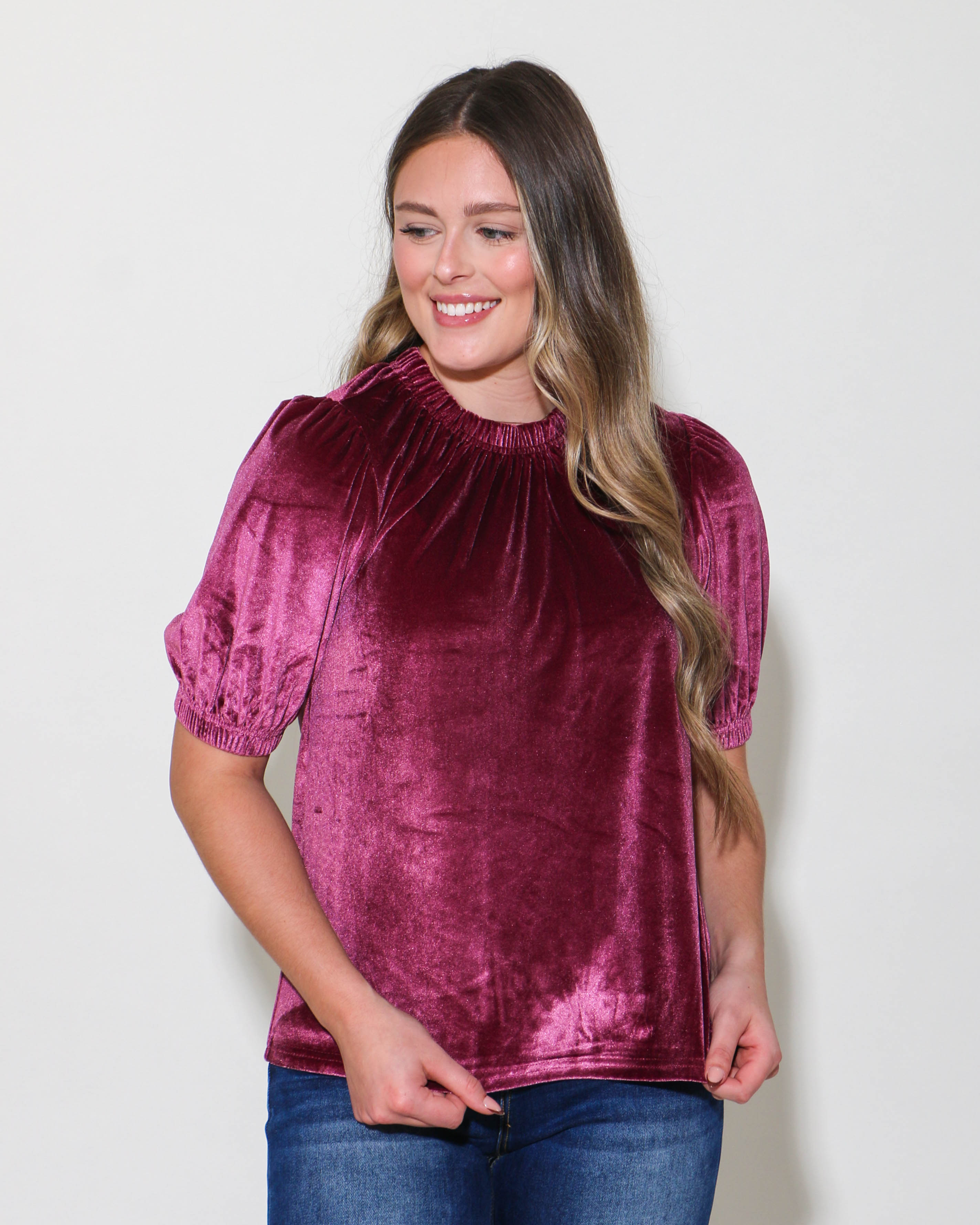 Velvet Rouched Neck Top in Plum