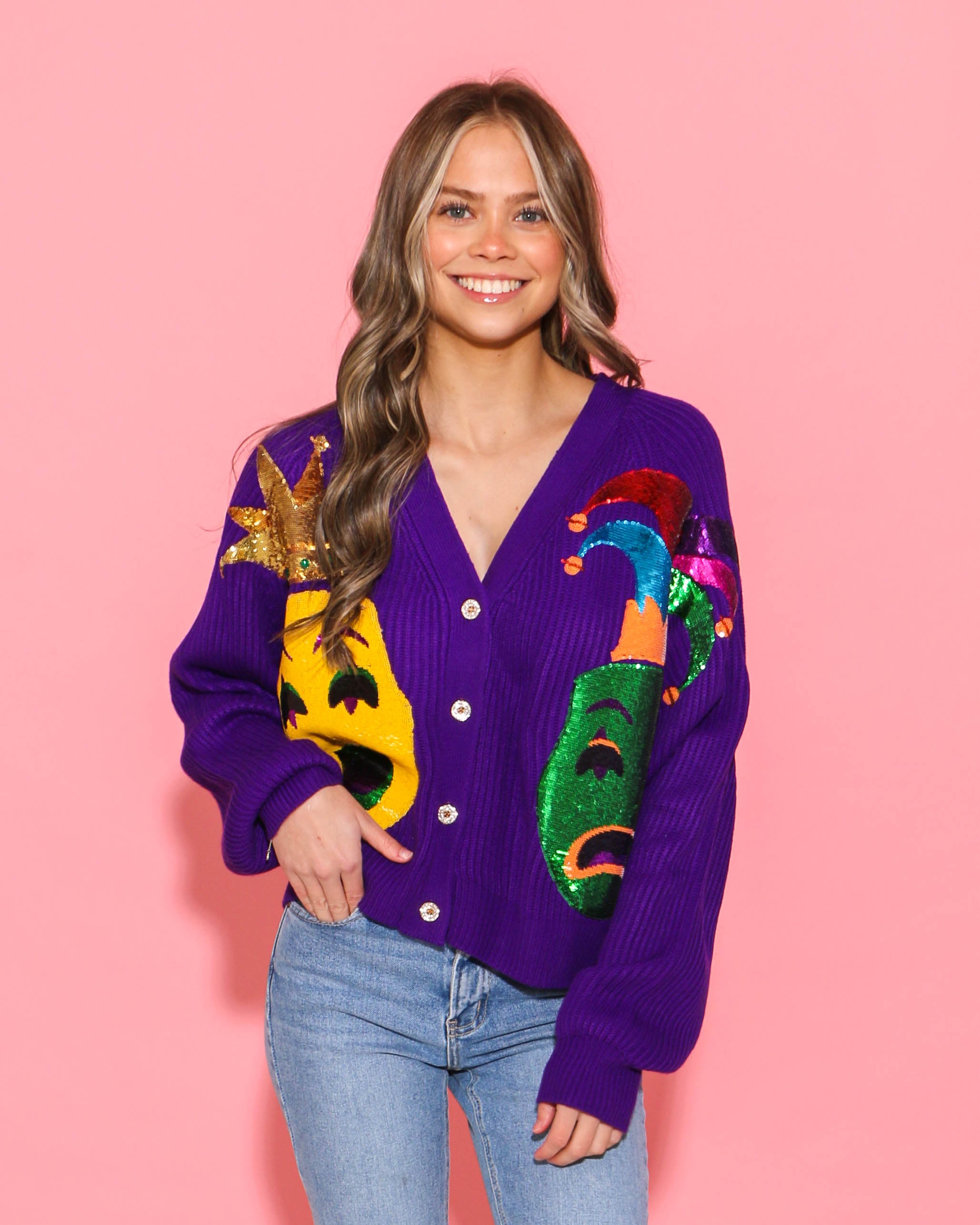 Purple Mardi Gras Mask Cardigan