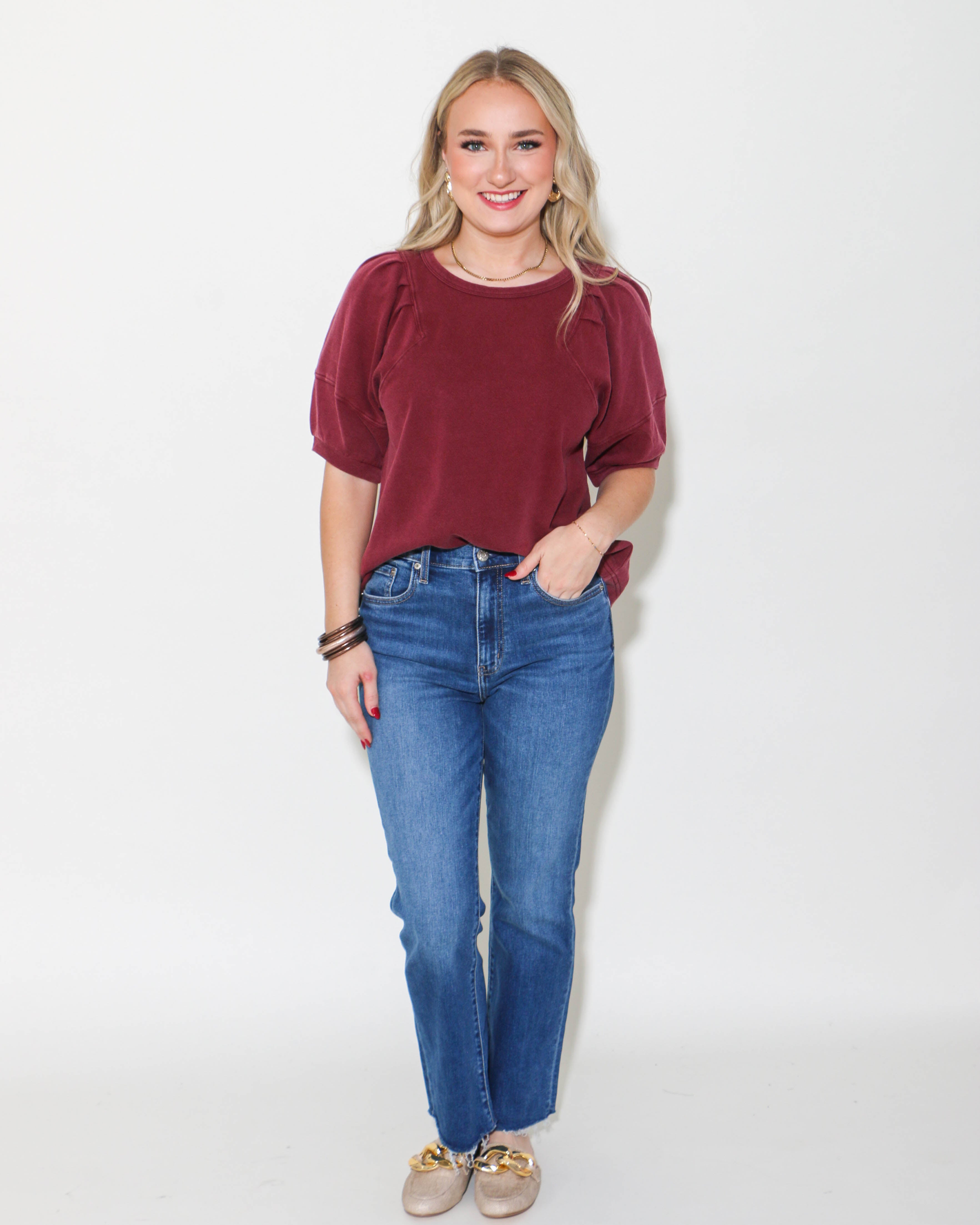 Solid Round Neck Half Sleeve Top in Garnet