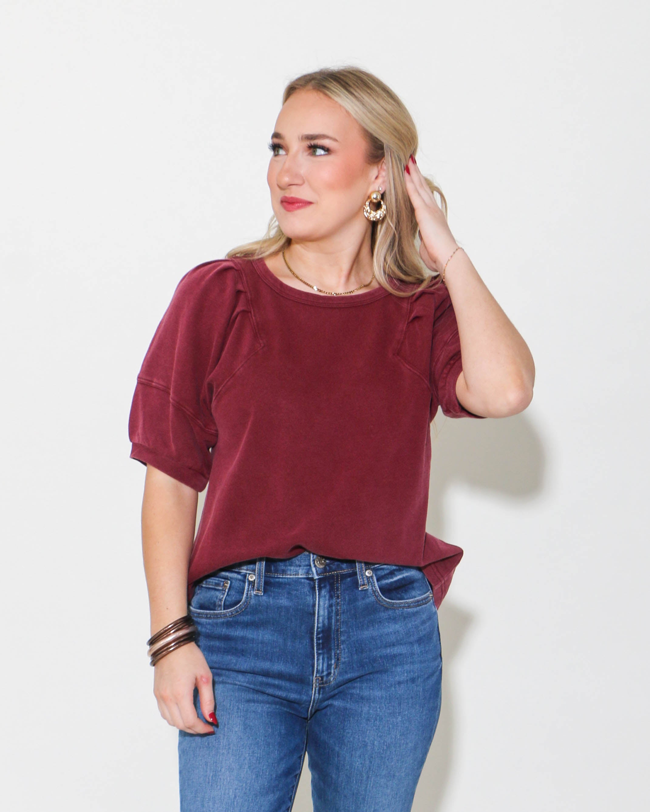 Solid Round Neck Half Sleeve Top in Garnet