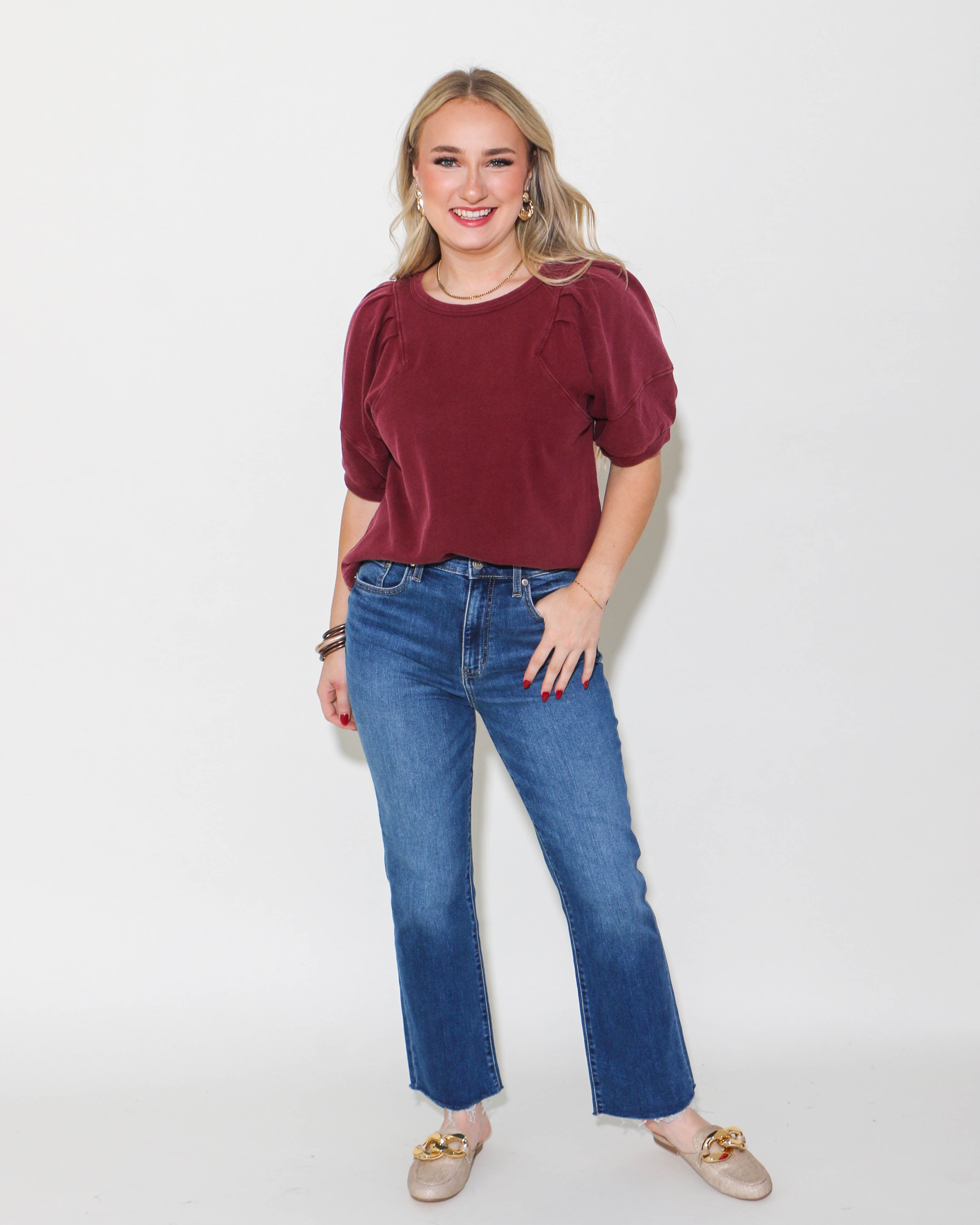 Solid Round Neck Half Sleeve Top in Garnet