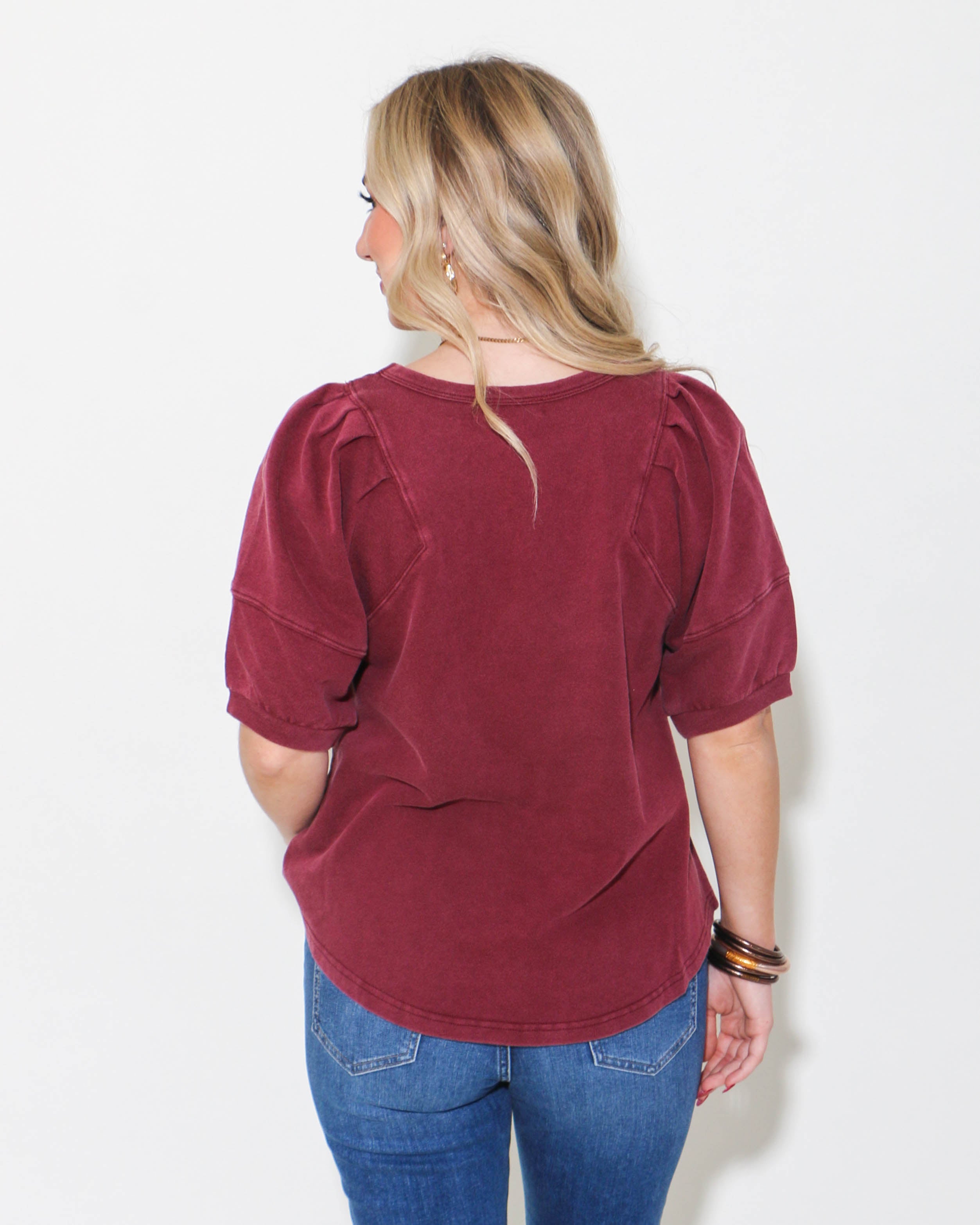 Solid Round Neck Half Sleeve Top in Garnet