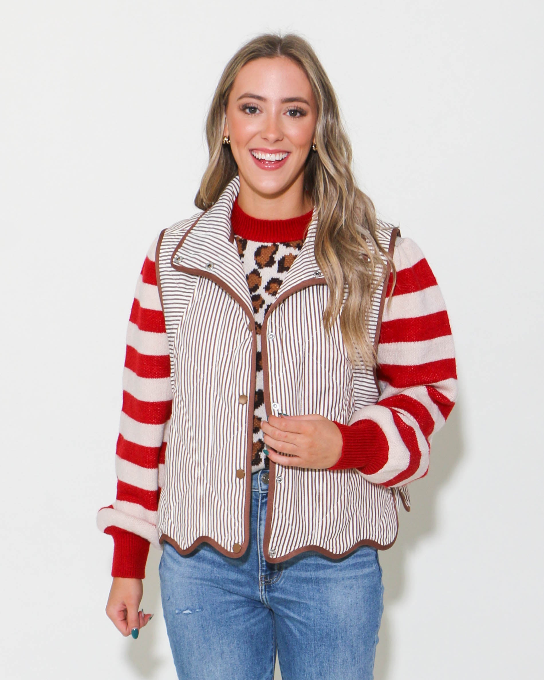 Striped Oversized Vest With Ruffle Trim