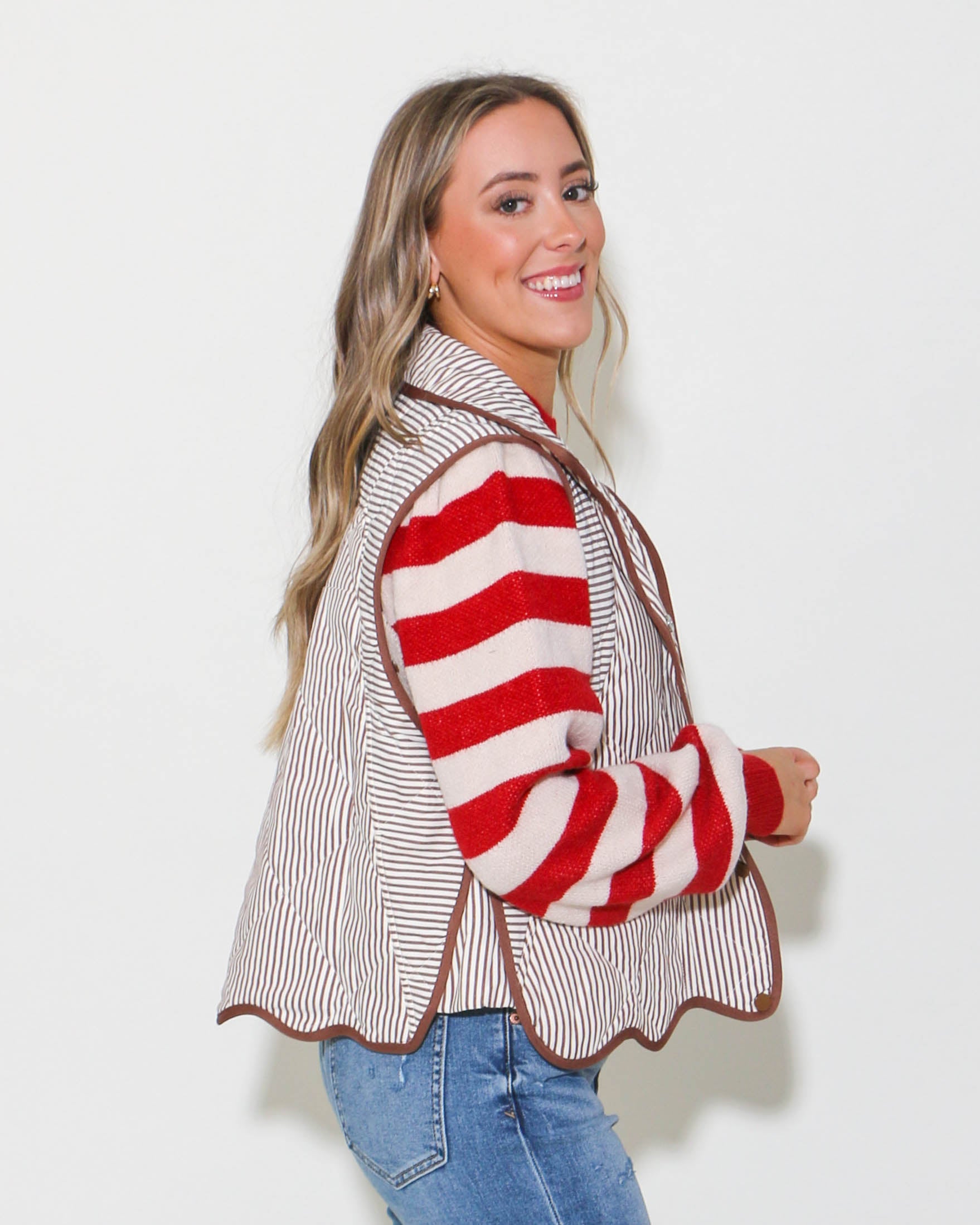 Striped Oversized Vest With Ruffle Trim