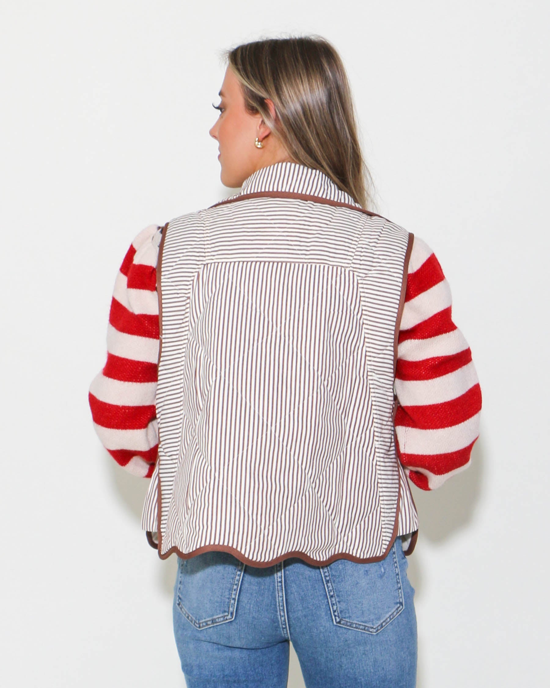 Striped Oversized Vest With Ruffle Trim