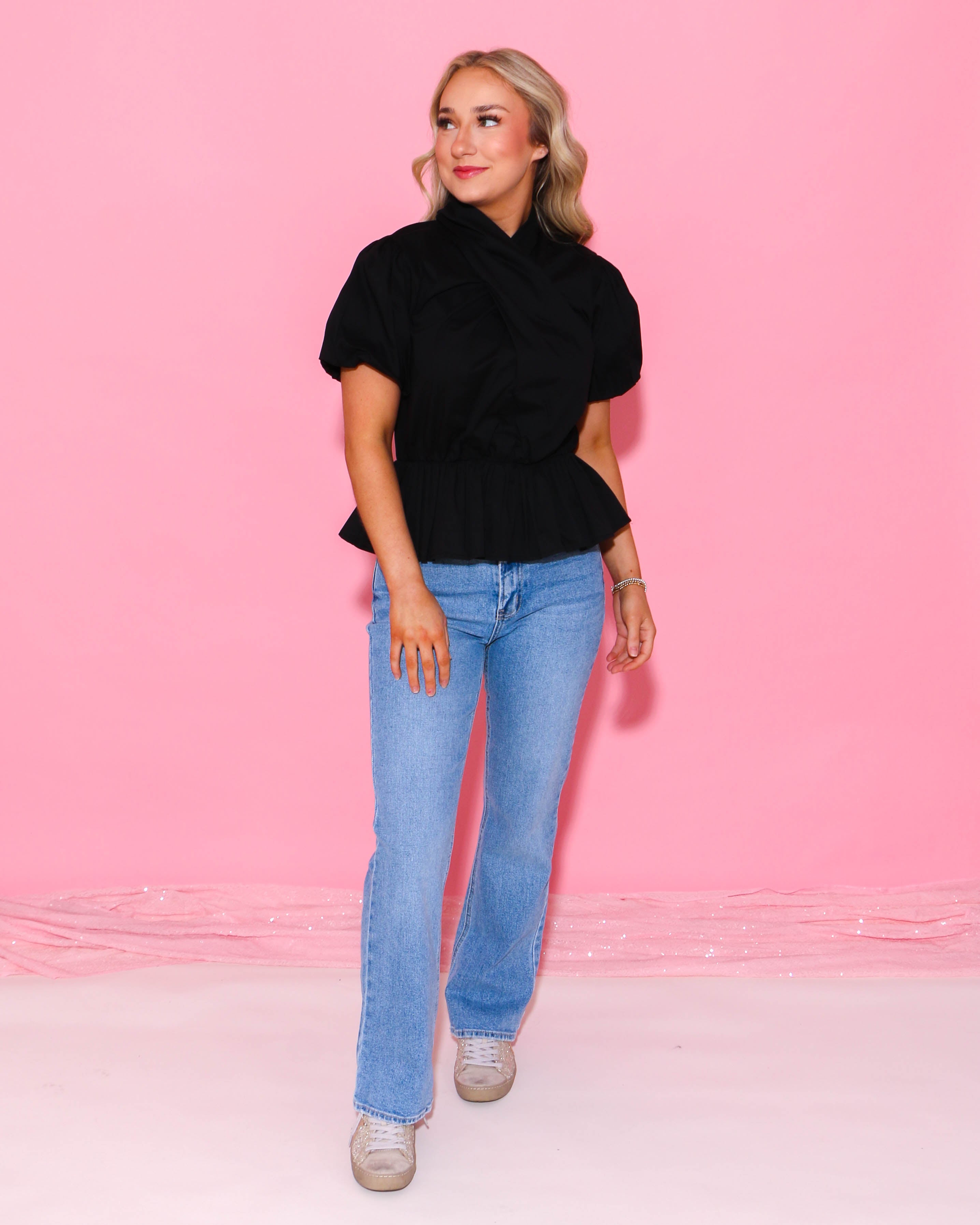 Cross Neck Poplin Puff Sleeve Top