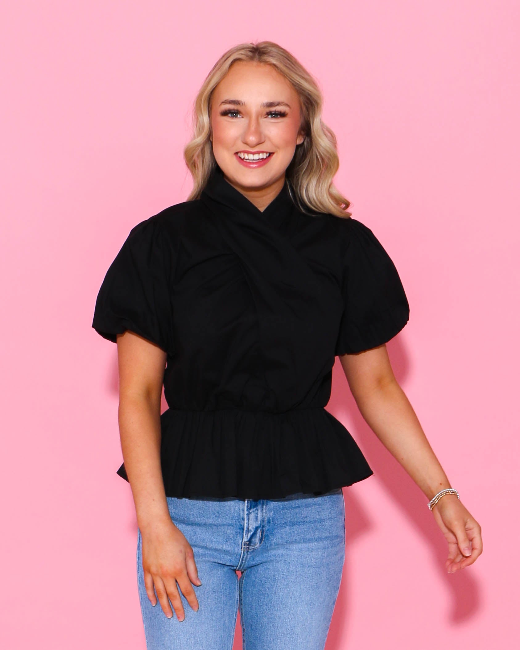 Cross Neck Poplin Puff Sleeve Top