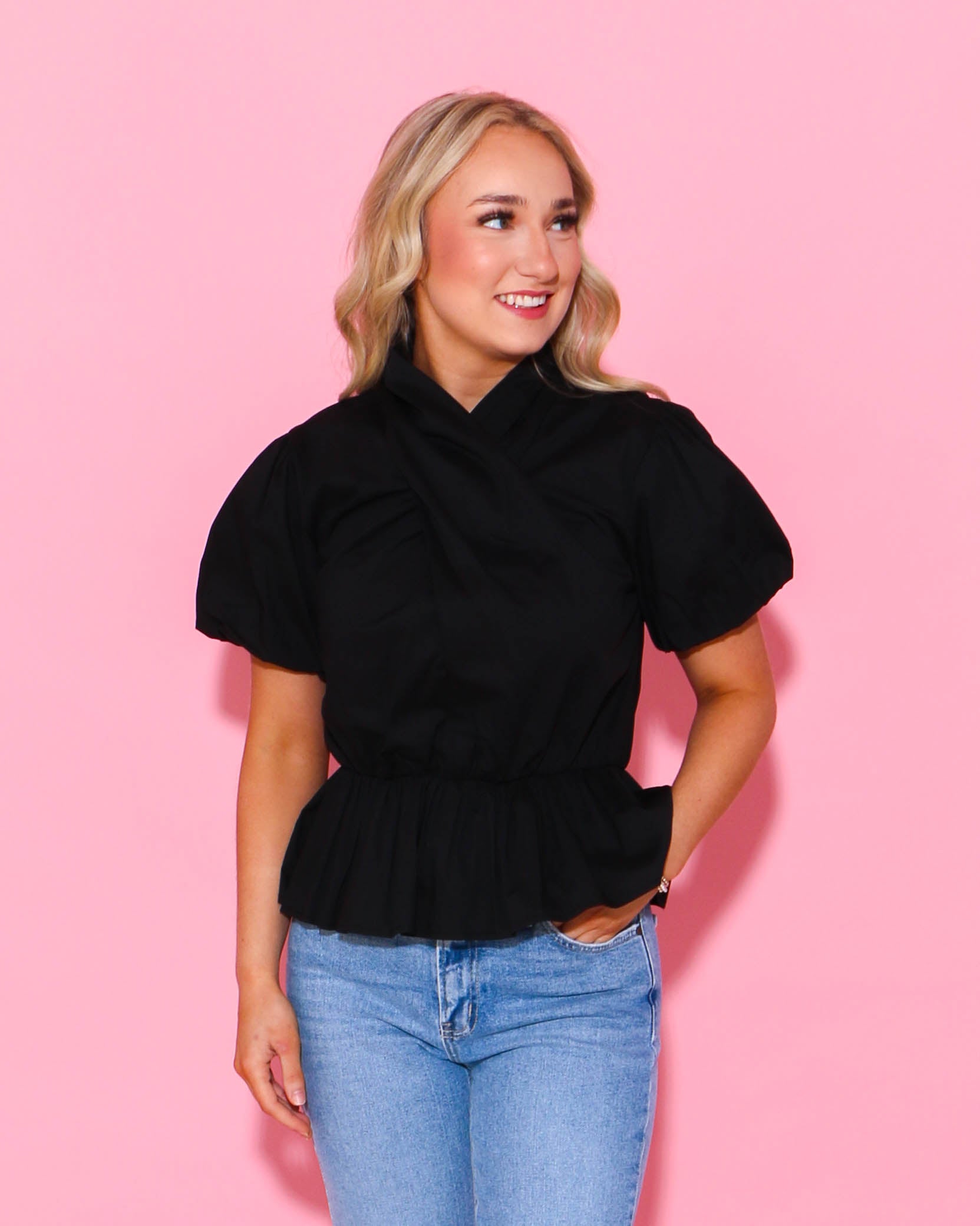 Cross Neck Poplin Puff Sleeve Top