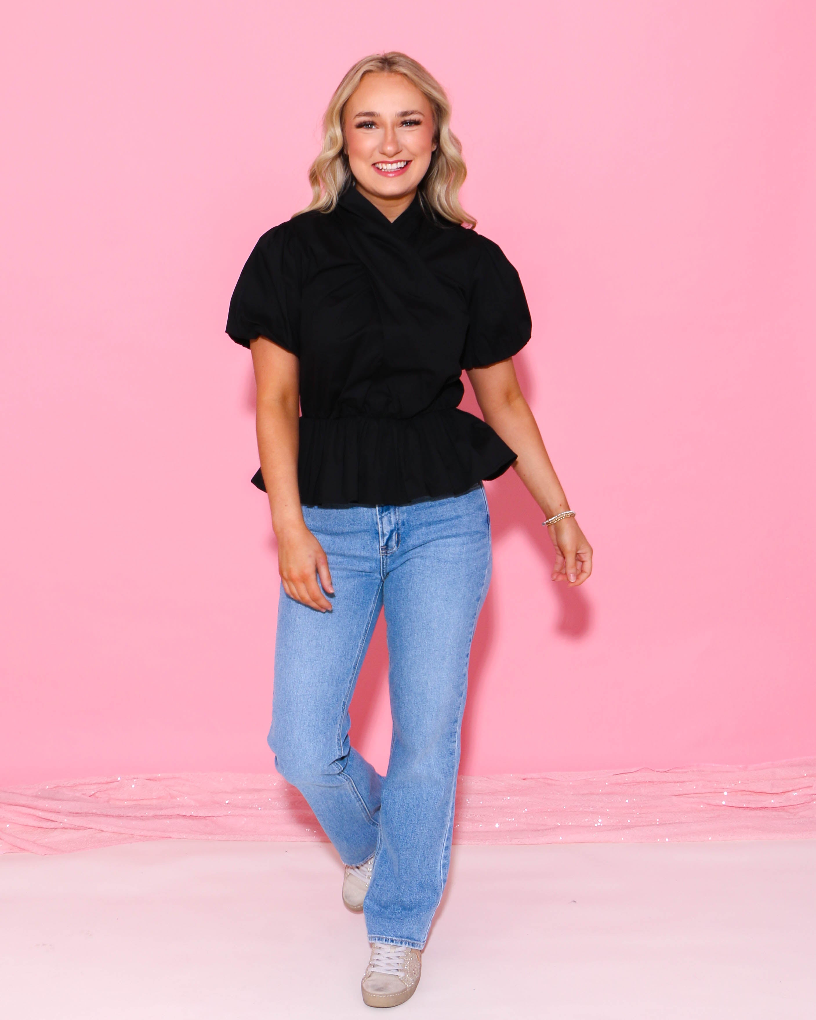 Cross Neck Poplin Puff Sleeve Top