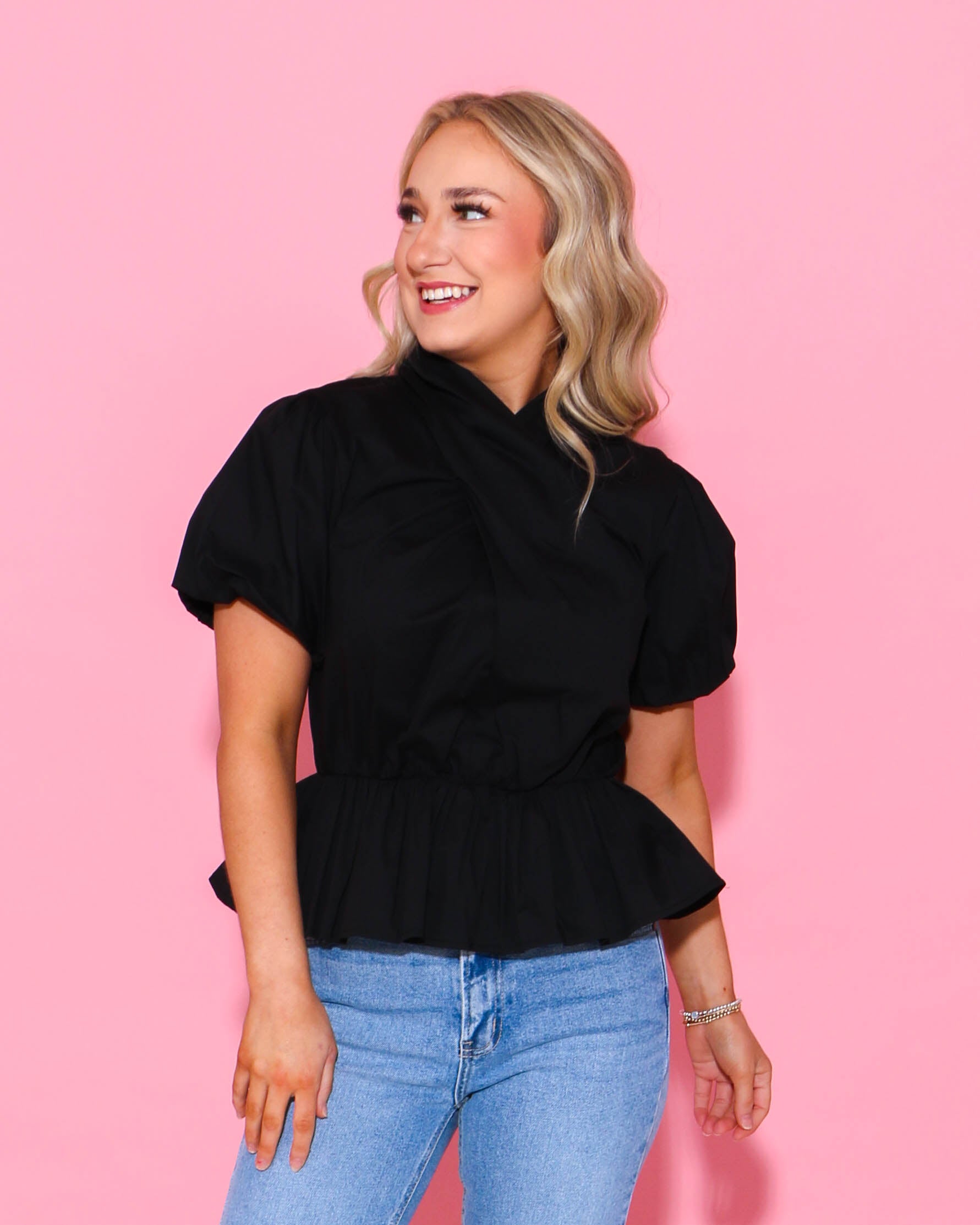 Cross Neck Poplin Puff Sleeve Top