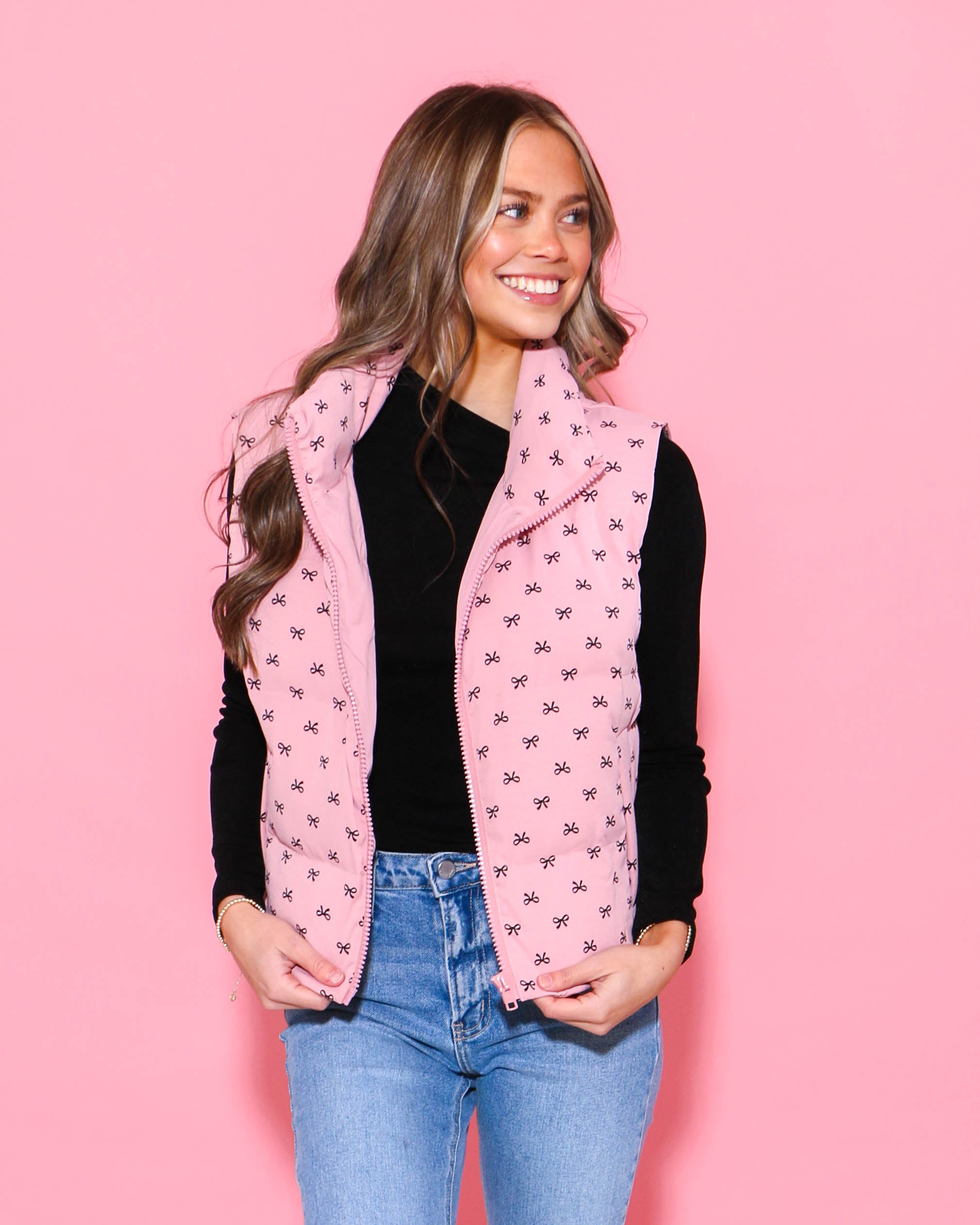 Bow Print Pink Puffer Vest