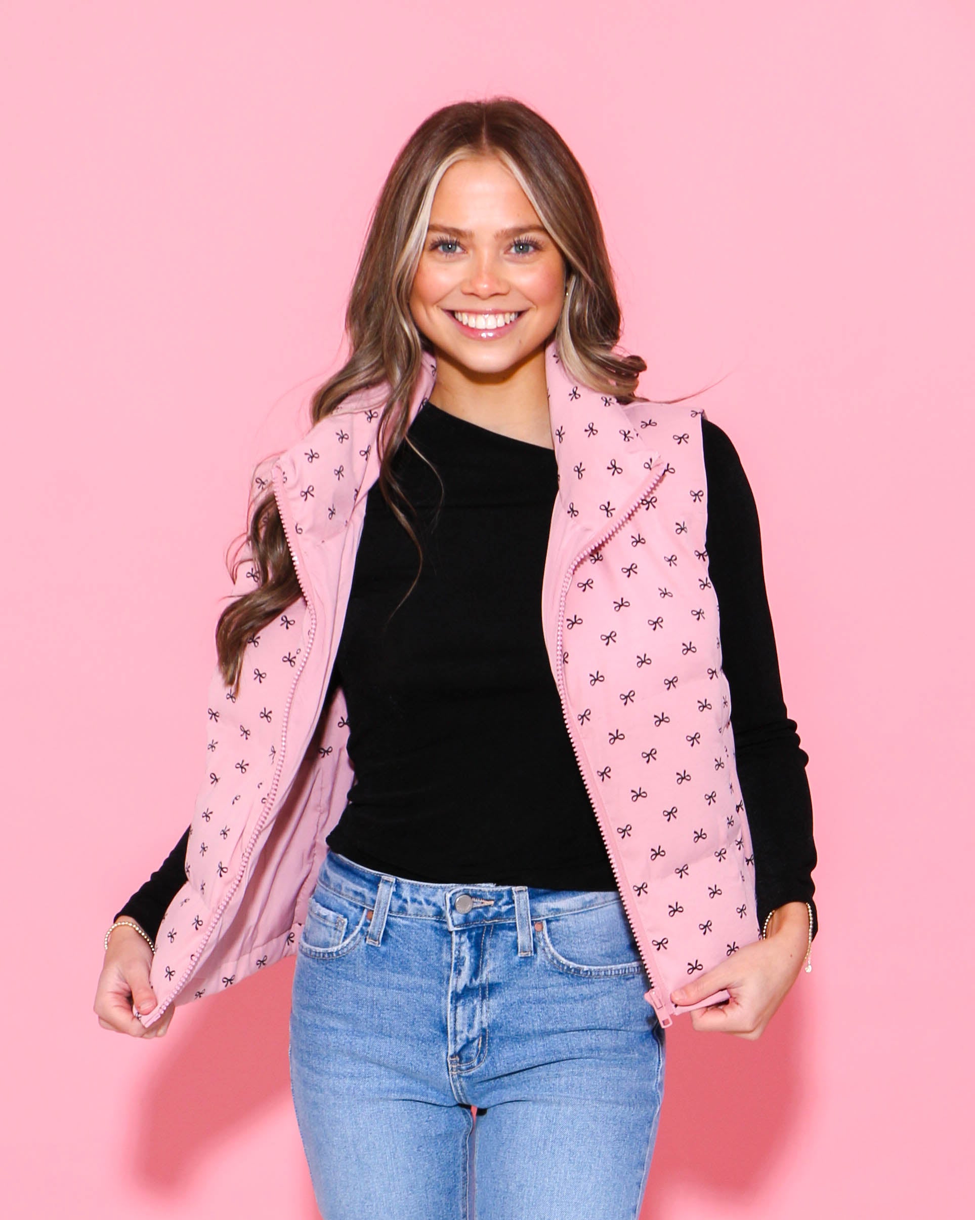 Bow Print Pink Puffer Vest