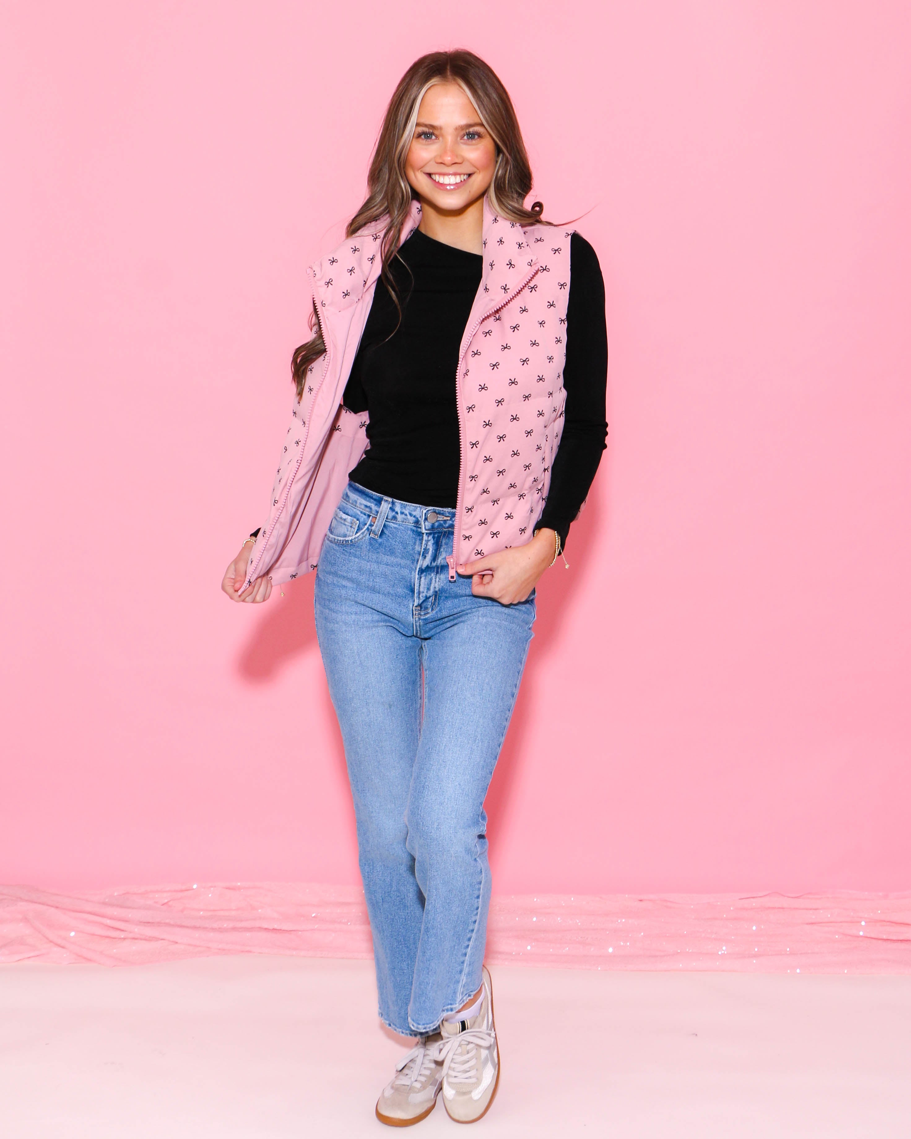 Bow Print Pink Puffer Vest