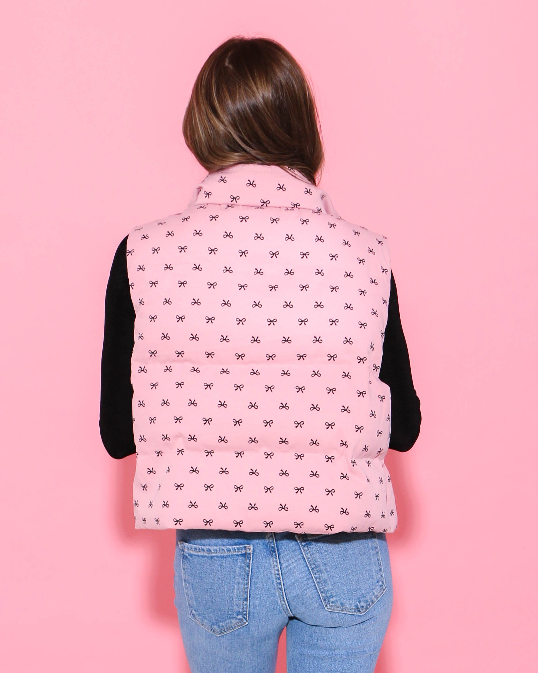 Bow Print Pink Puffer Vest