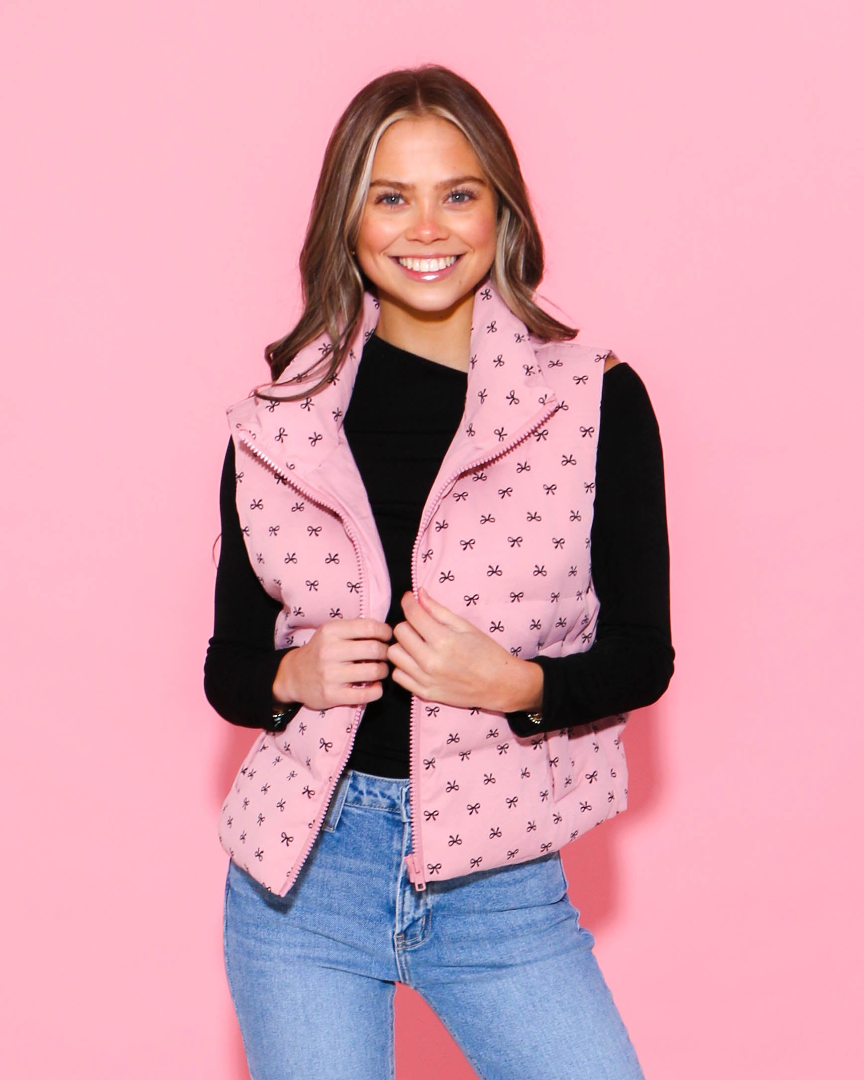 Bow Print Pink Puffer Vest