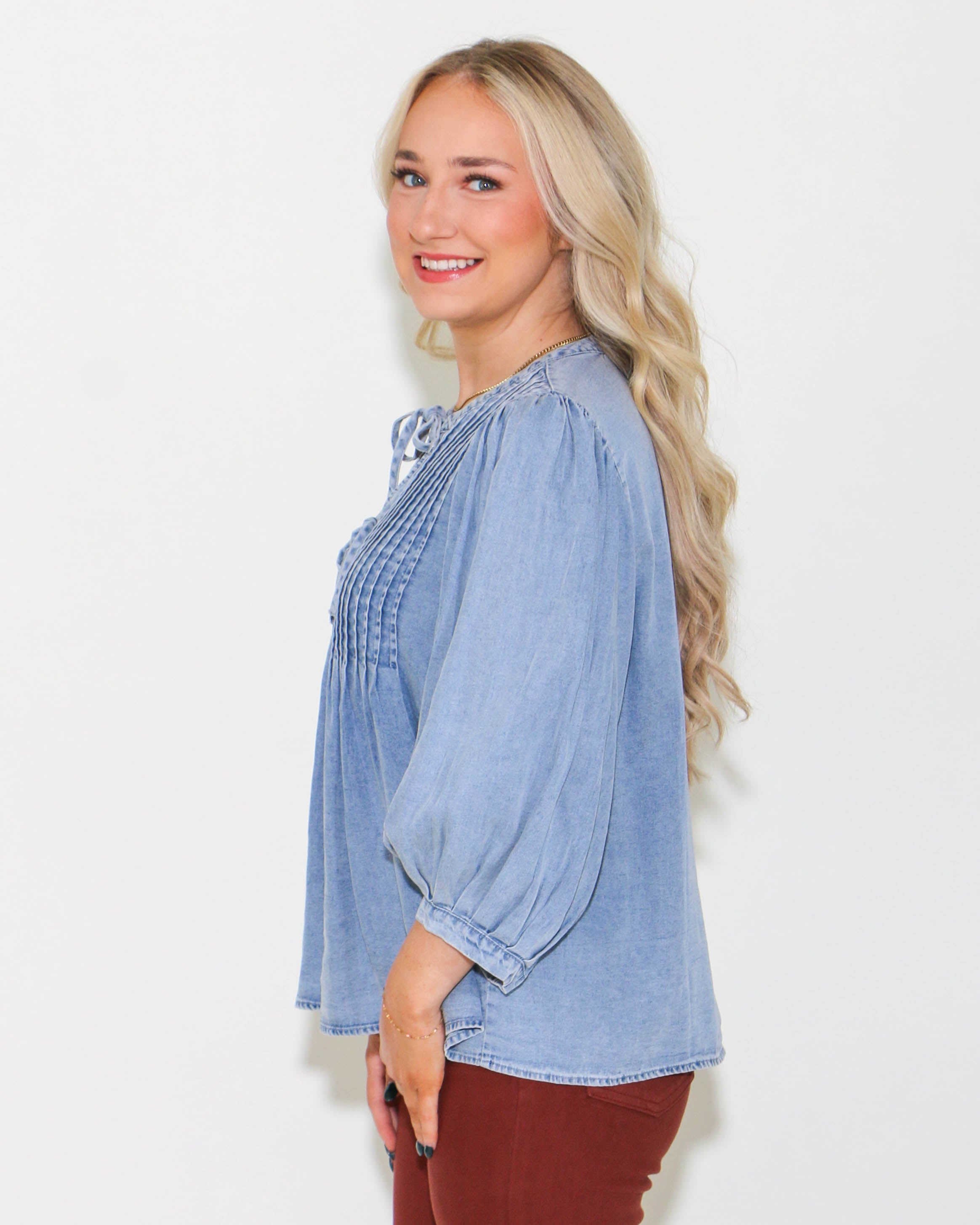 Denim 3/4 Puff Sleeve Top