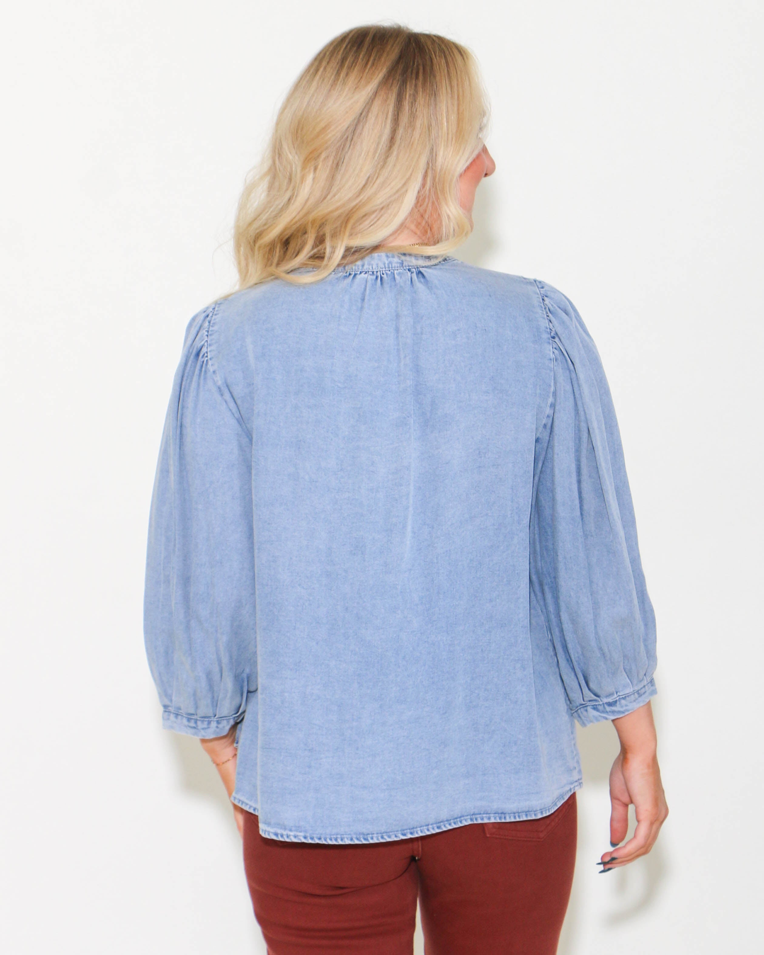 Denim 3/4 Puff Sleeve Top