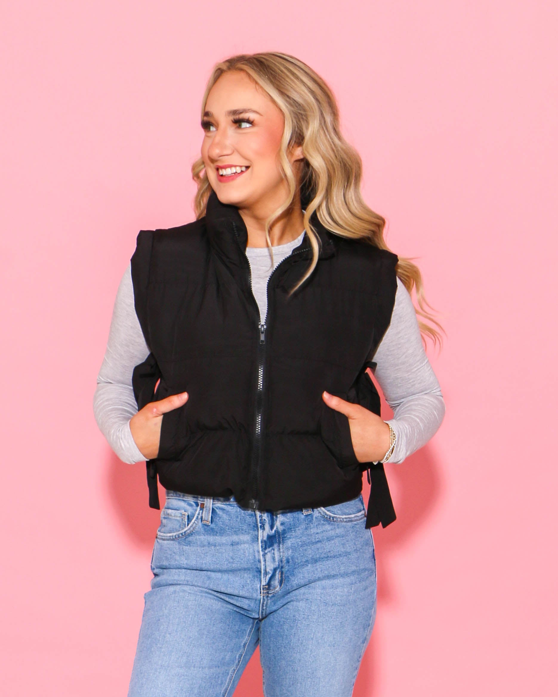 Side Bow Tie Front Zipper Crop Puffer Vest in Black