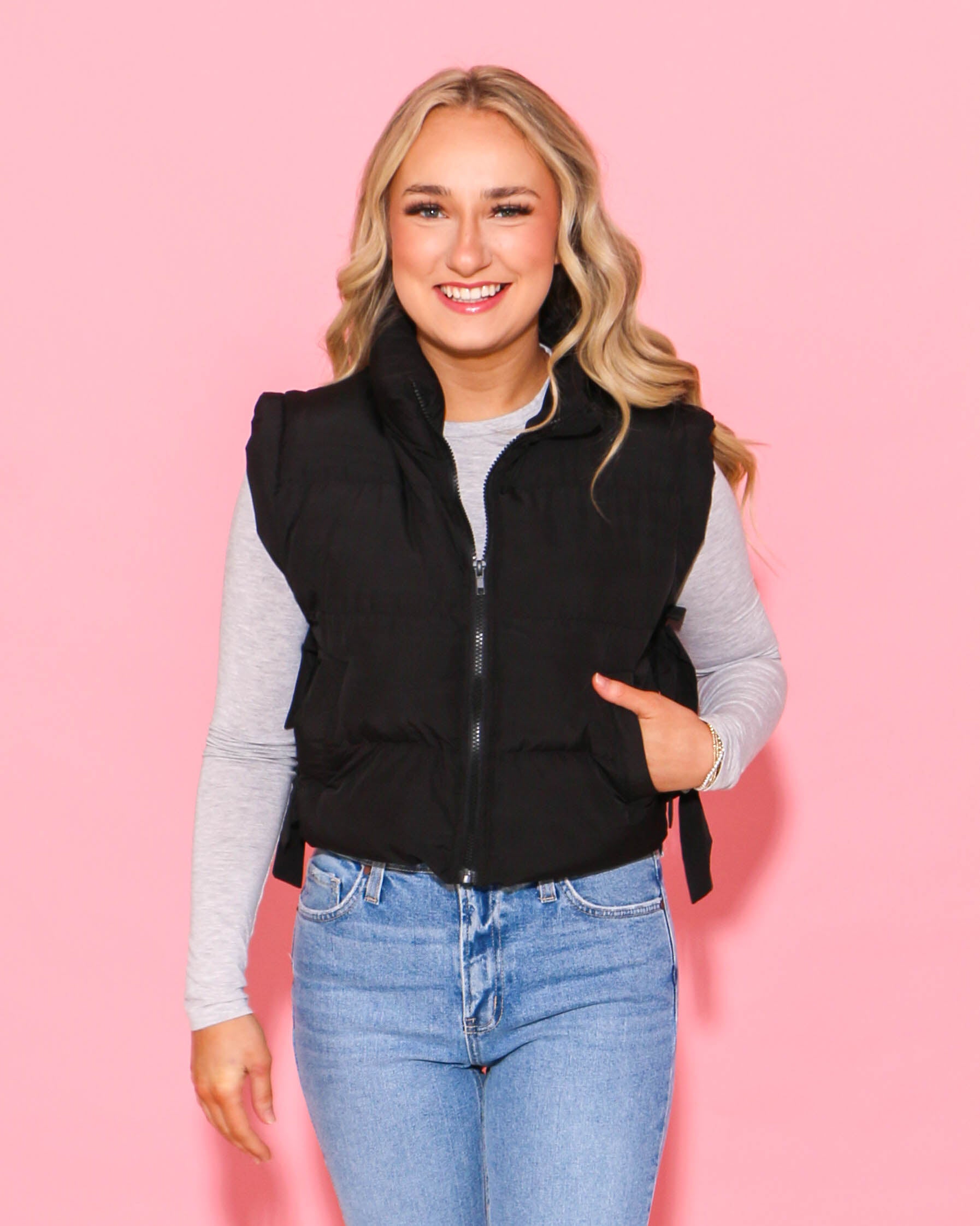 Side Bow Tie Front Zipper Crop Puffer Vest in Black