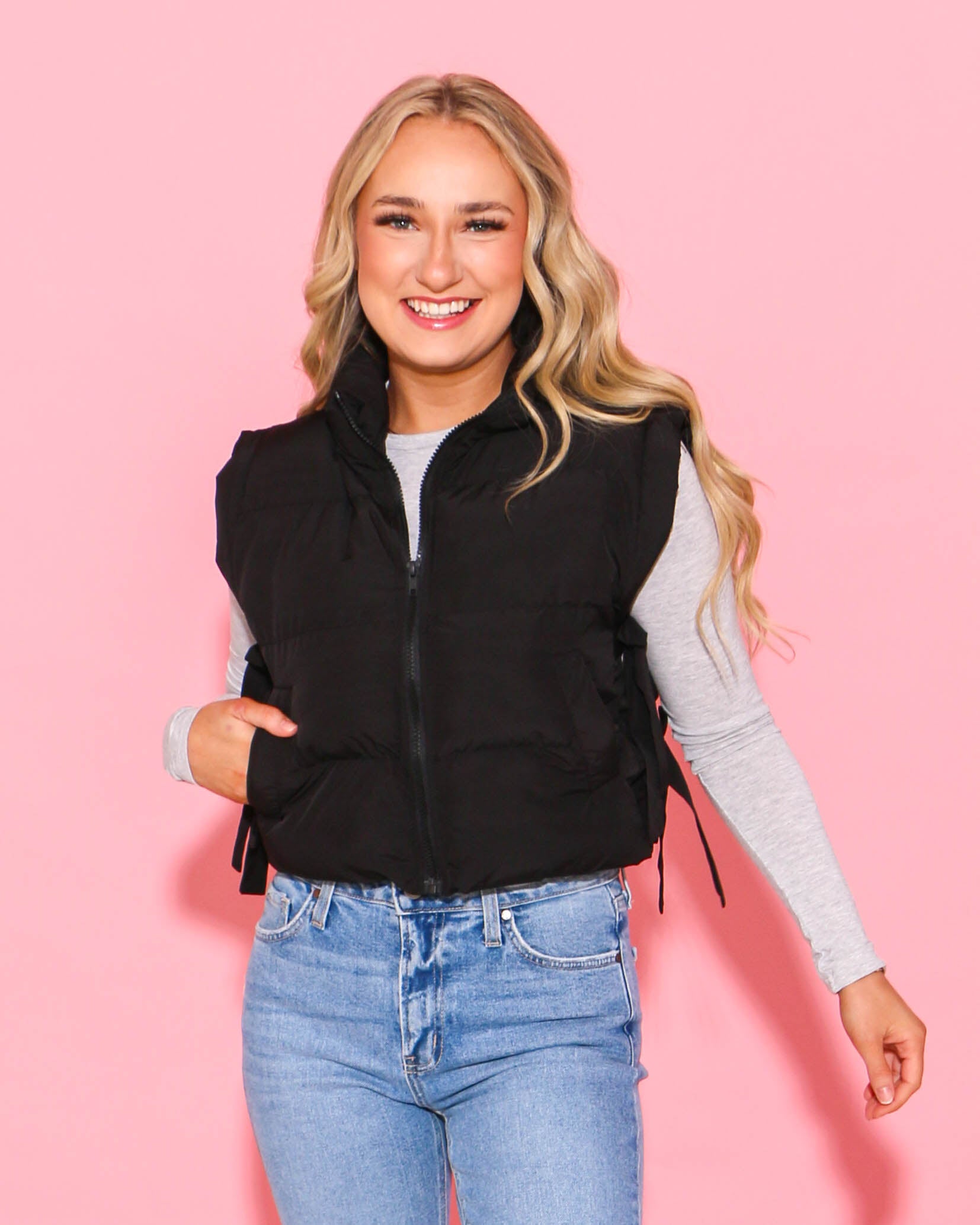 Side Bow Tie Front Zipper Crop Puffer Vest in Black