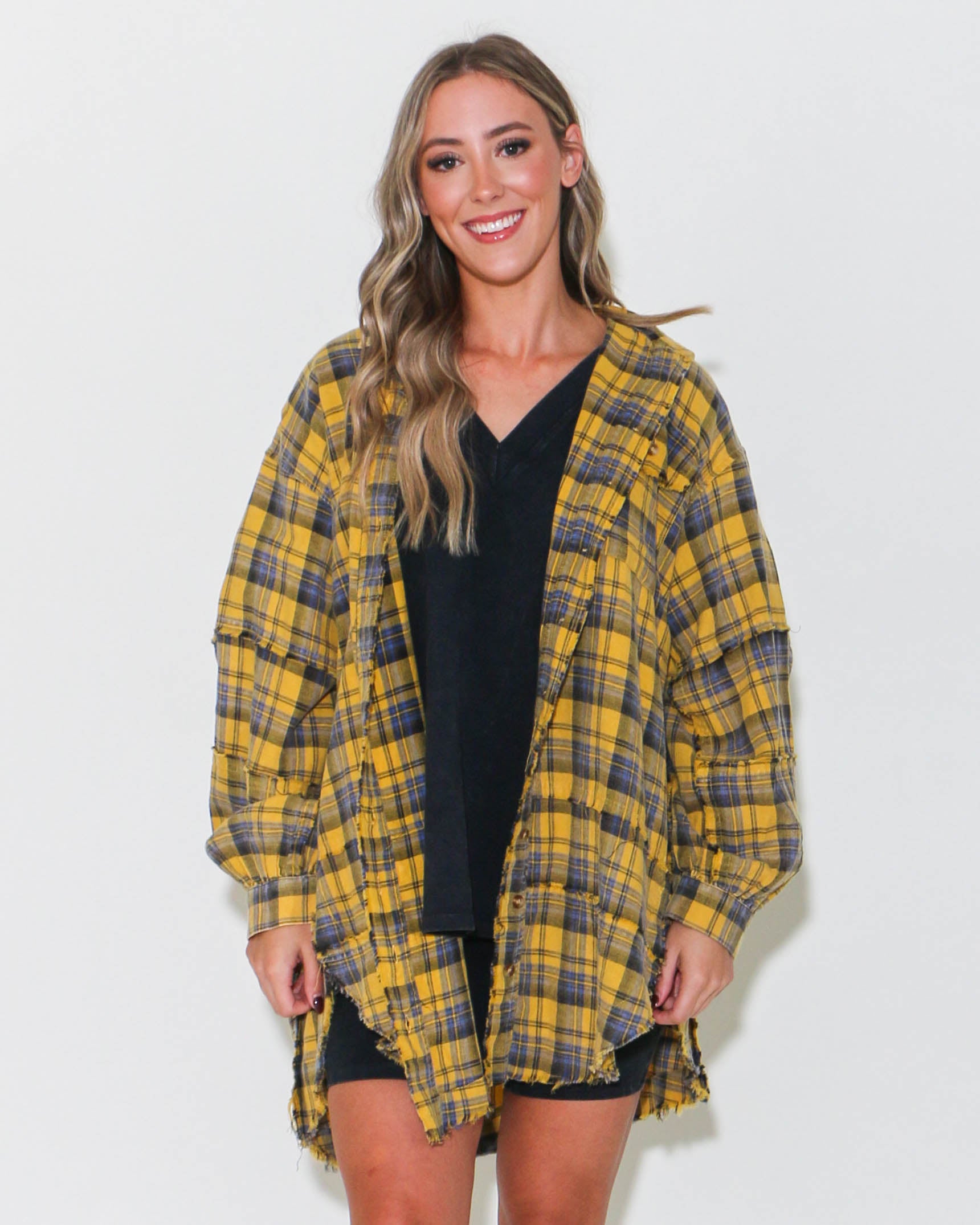 Mustard Mineral Wash Plaid Button Down Top