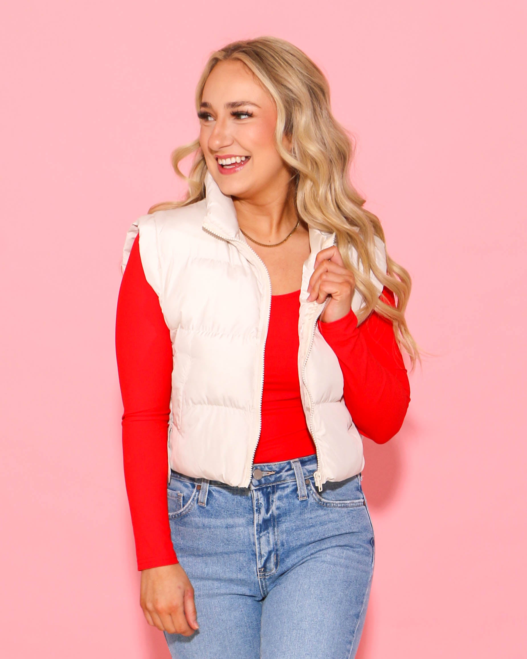 Side Bow Tie Crop Puffer Vest in Ecru