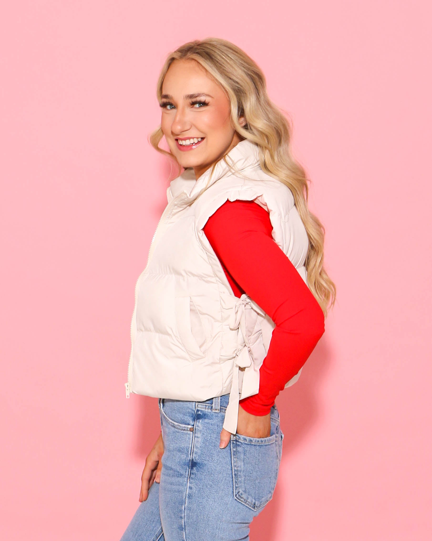 Side Bow Tie Crop Puffer Vest in Ecru