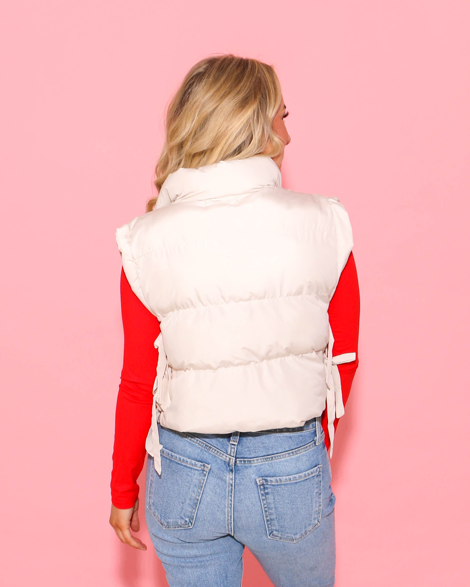 Side Bow Tie Crop Puffer Vest in Ecru