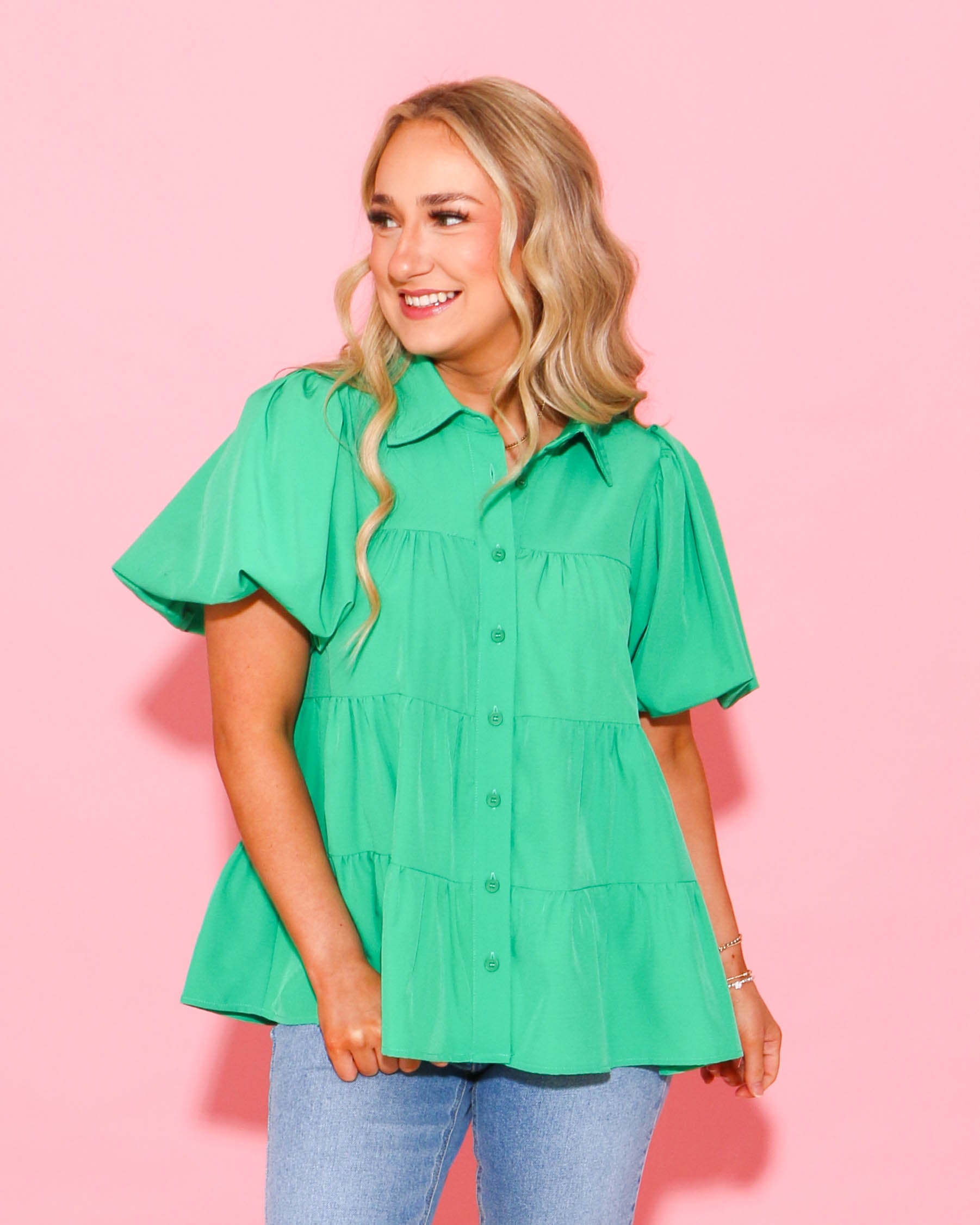 Collared Button Up Top in Green