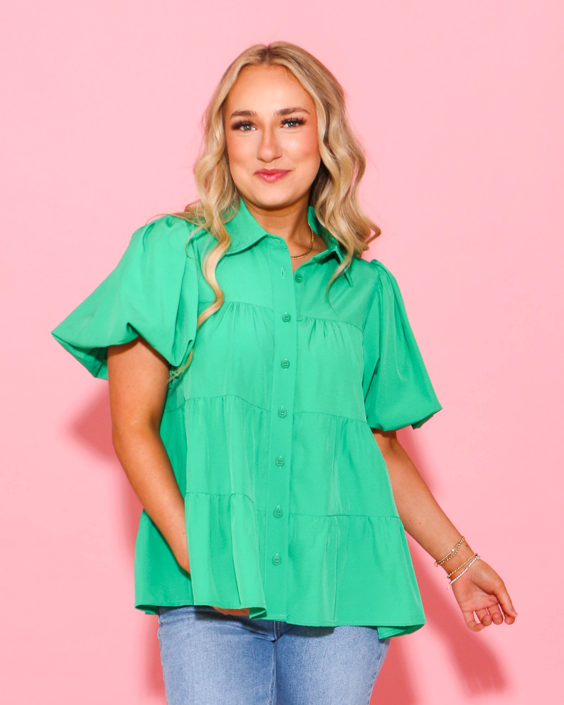 Collared Button Up Top in Green