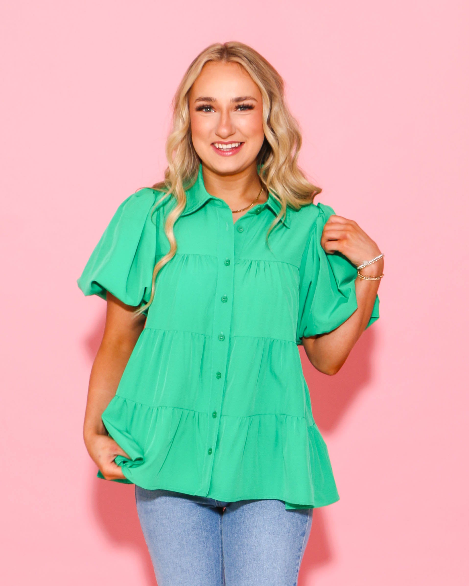 Collared Button Up Top in Green