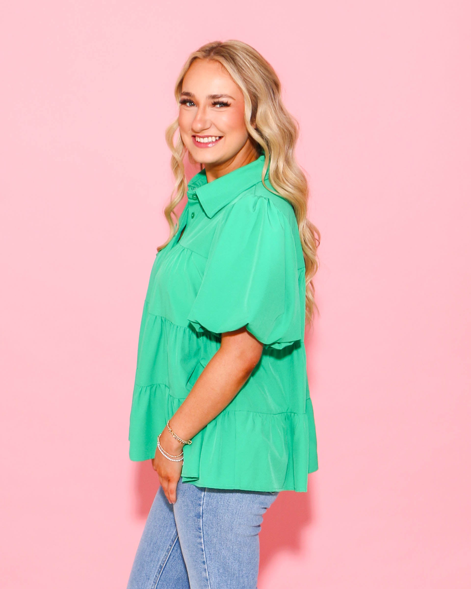 Collared Button Up Top in Green