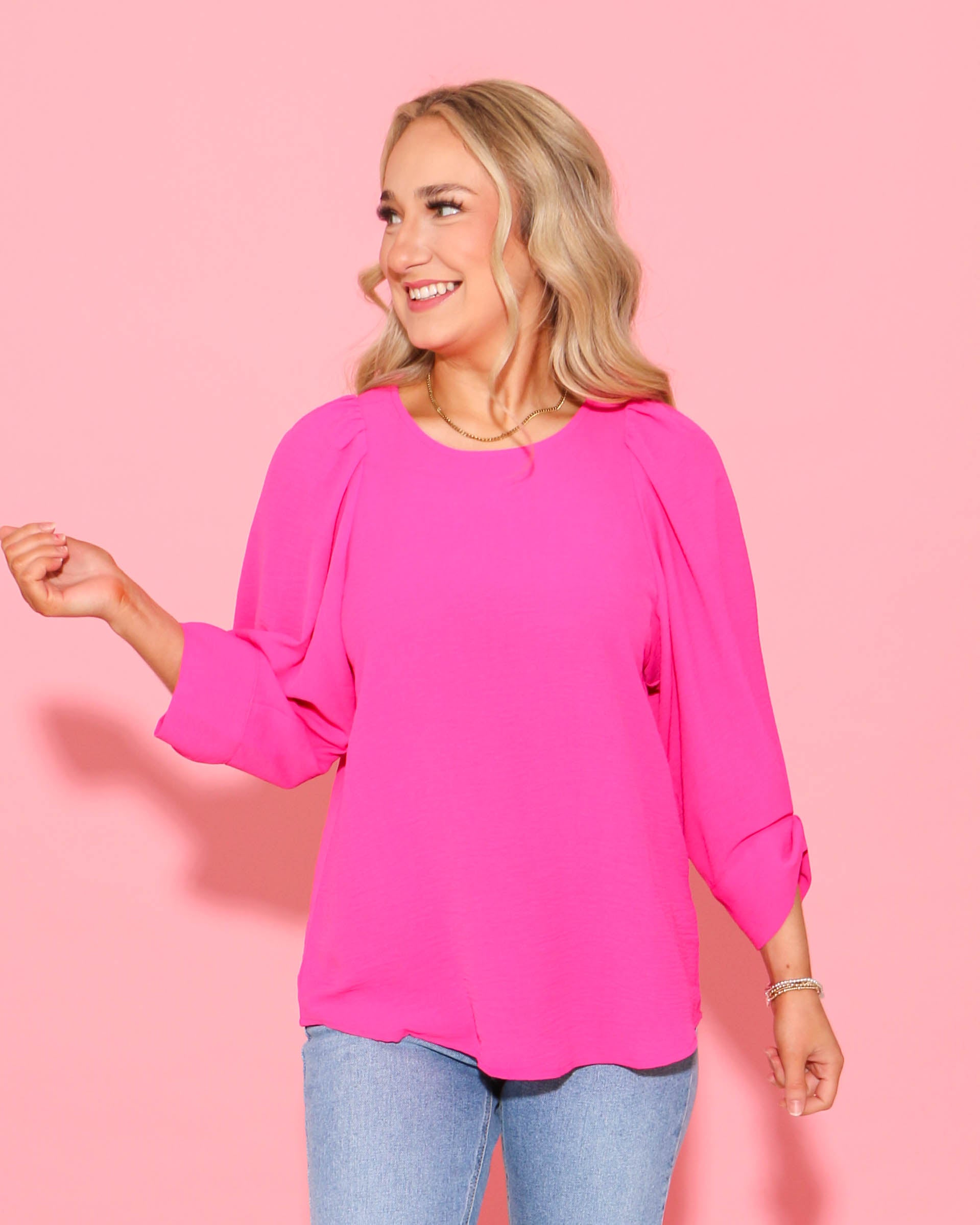 Hot Pink Tucked Sleeve Top