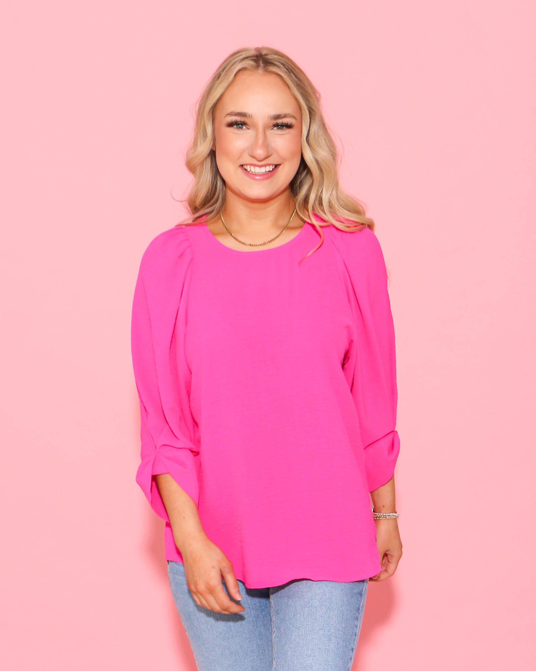 Hot Pink Tucked Sleeve Top