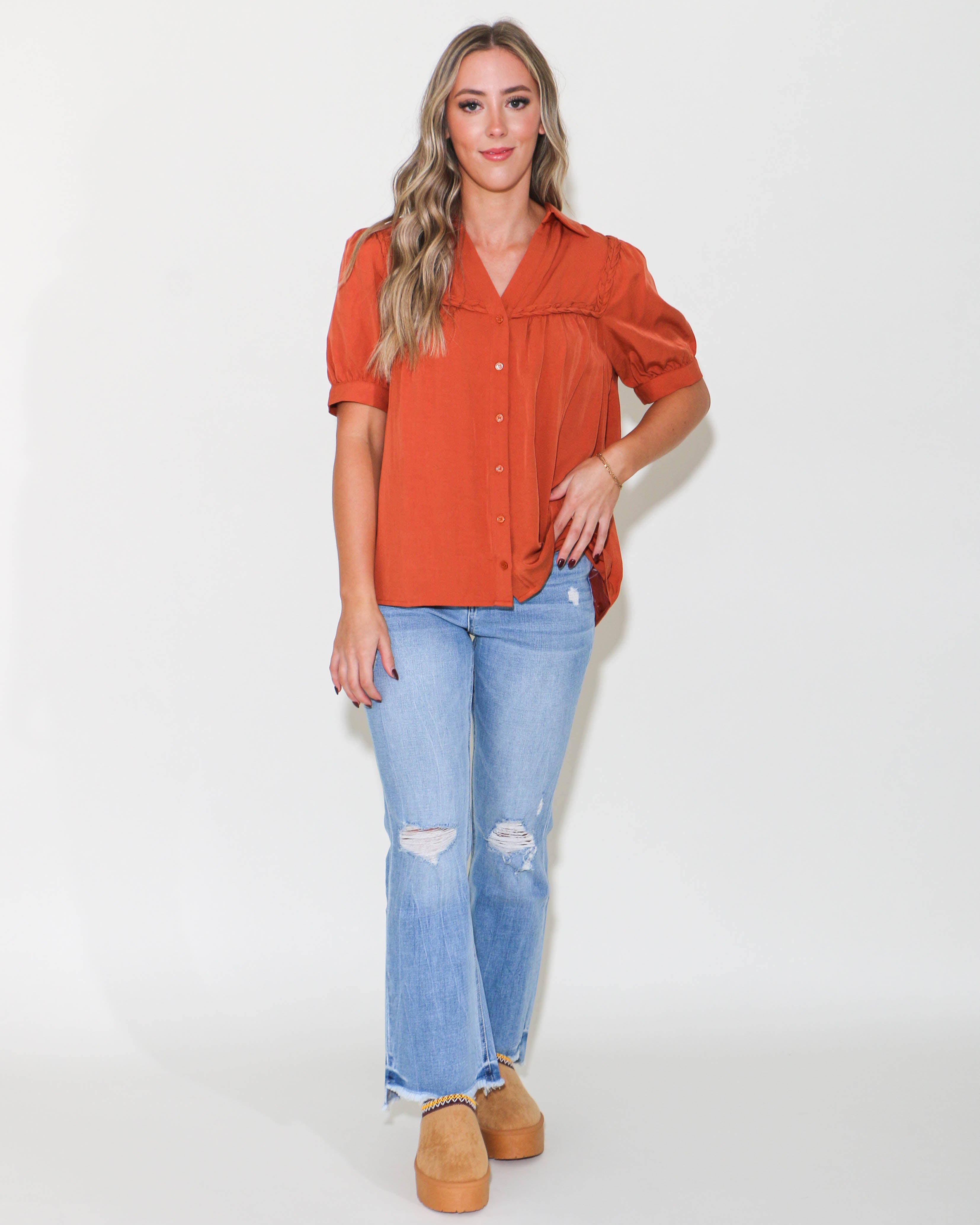 Button Down Braided Trim Top in Camel