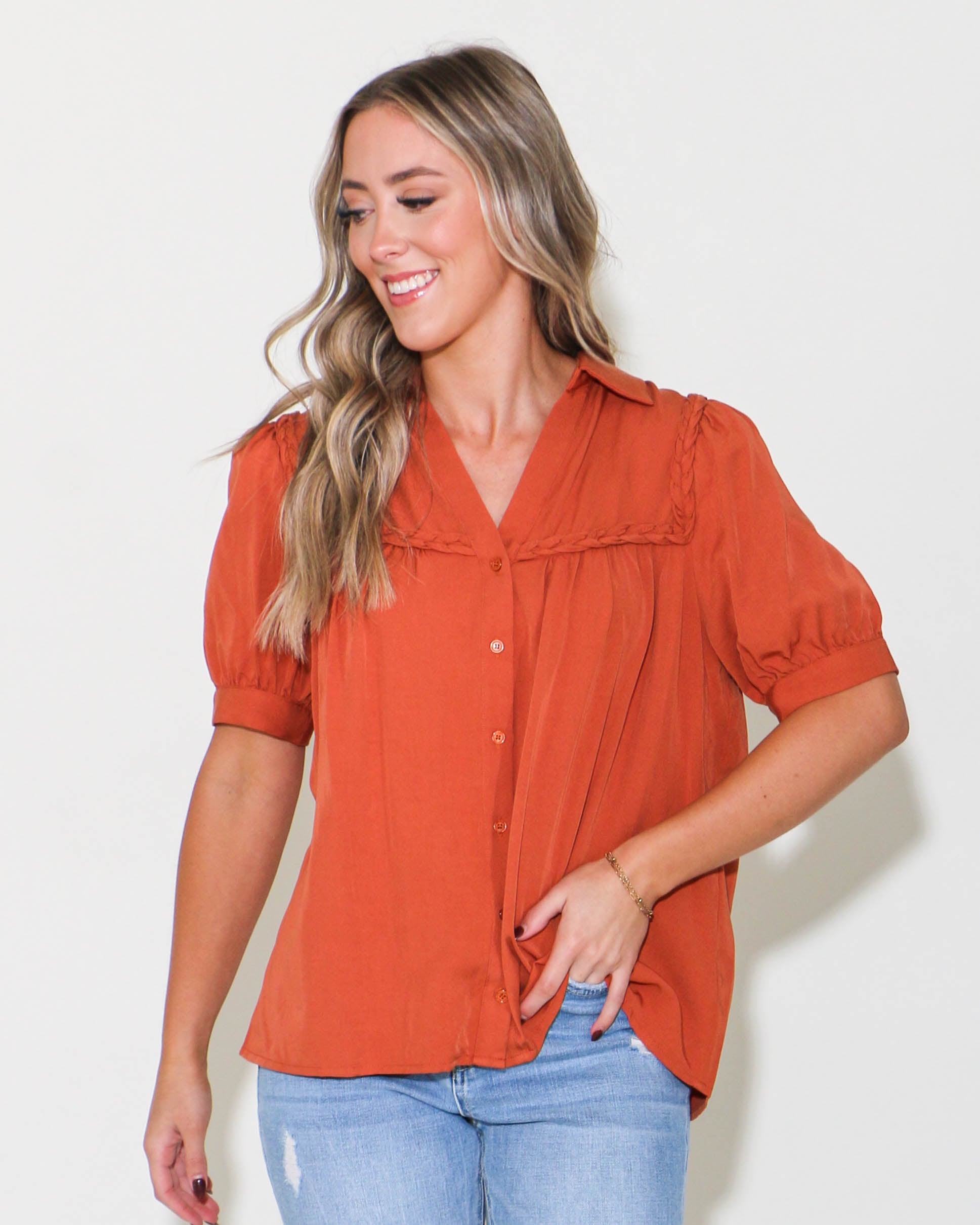 Button Down Braided Trim Top in Camel